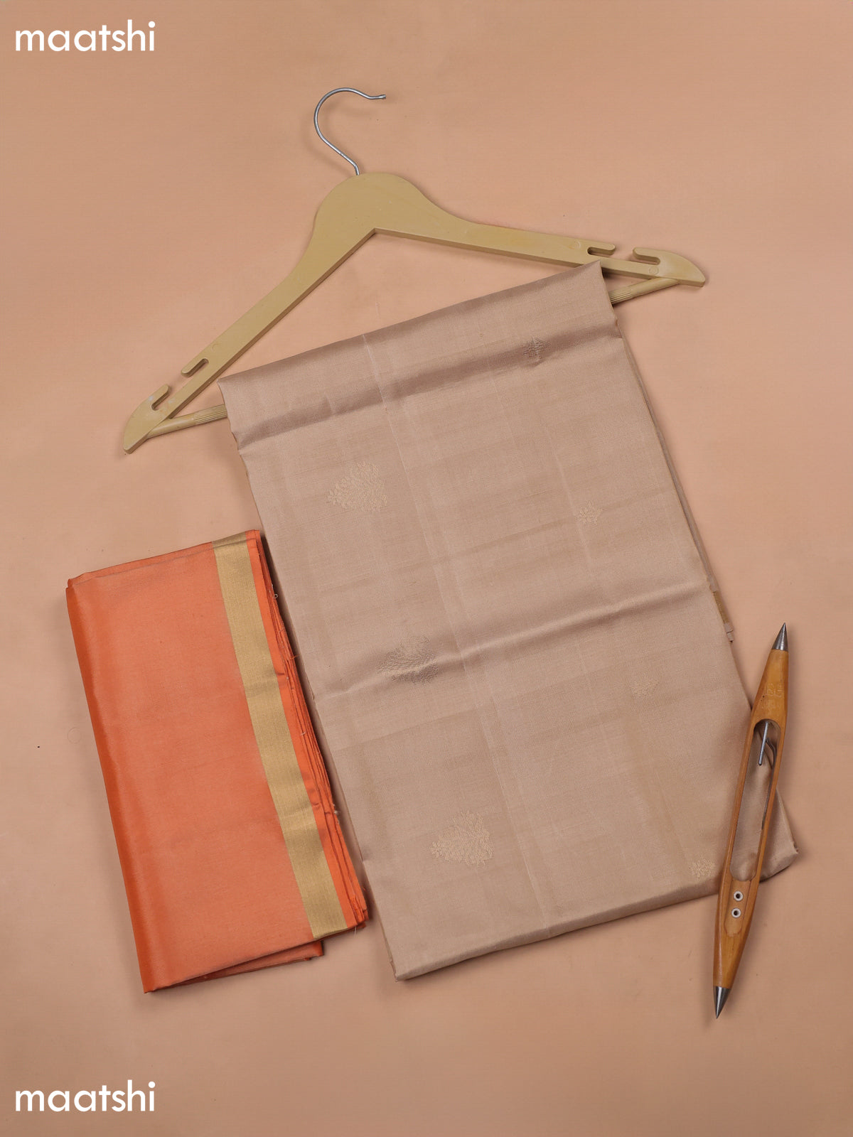 Beige and Orange Pure Silk Dress Material With Zari Butta