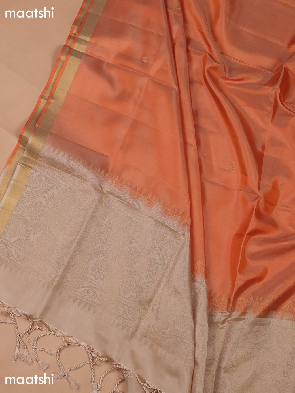 Beige and Orange Pure Silk Dress Material With Zari Butta
