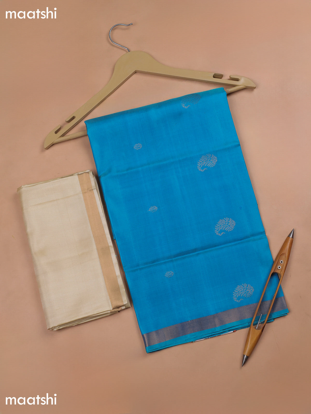 Blue and Cream Pure Silk Dress Material With Zari Butta