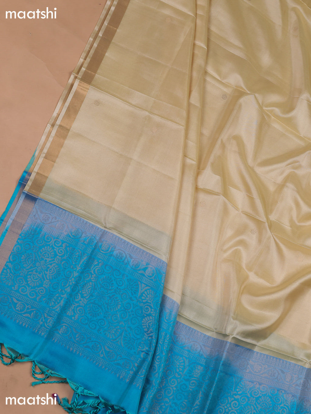 Blue and Cream Pure Silk Dress Material With Zari Butta