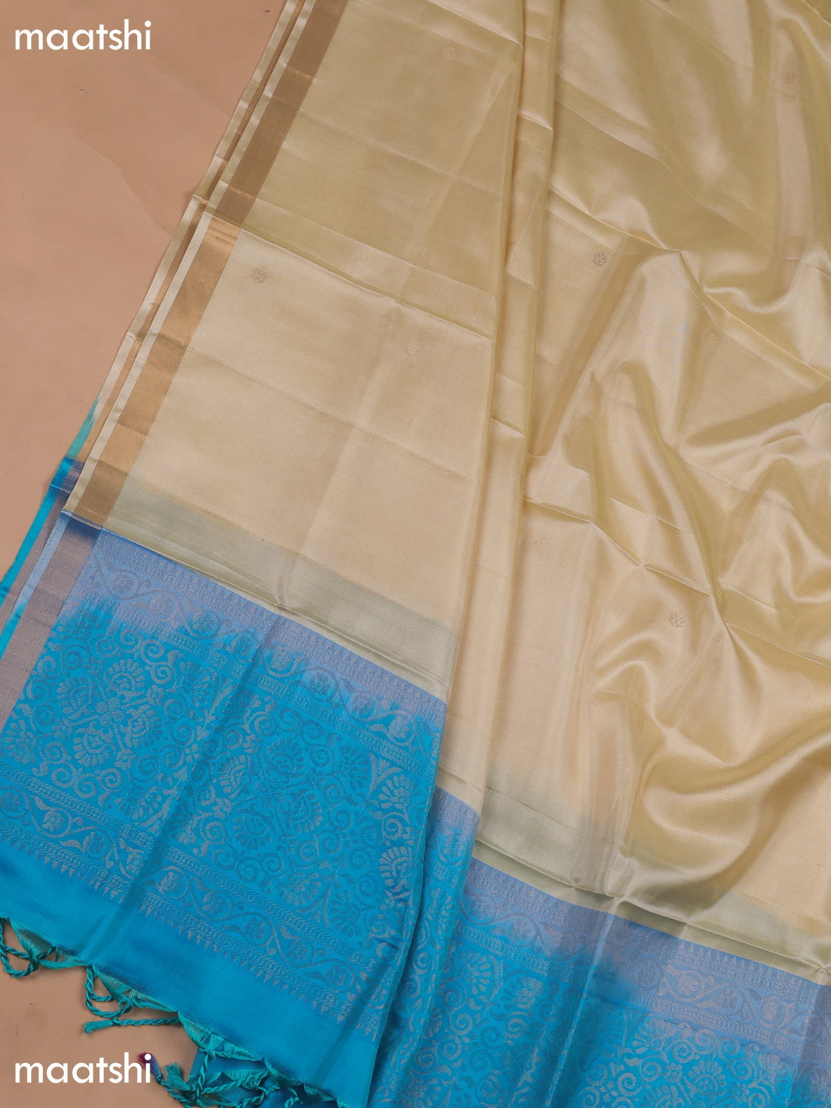 Blue and Cream Pure Silk Dress Material With Zari Butta