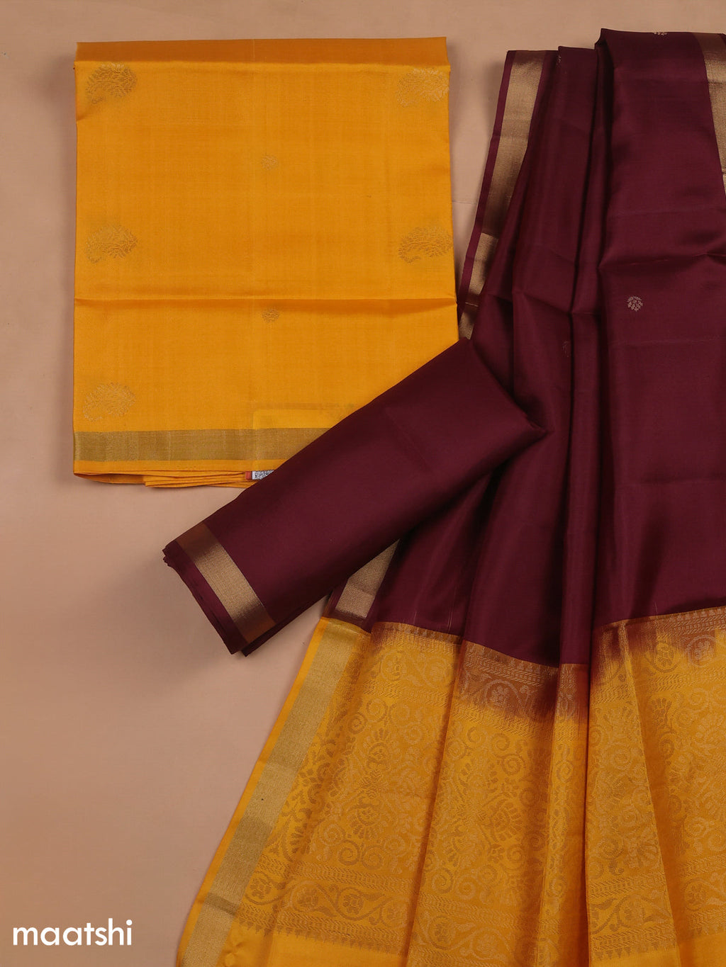 Mango Yellow and Deep Maroon Pure Silk Dress Material With Zari Butta