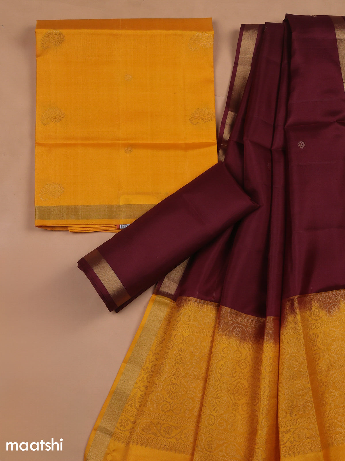 Mango Yellow and Deep Maroon Pure Silk Dress Material With Zari Butta