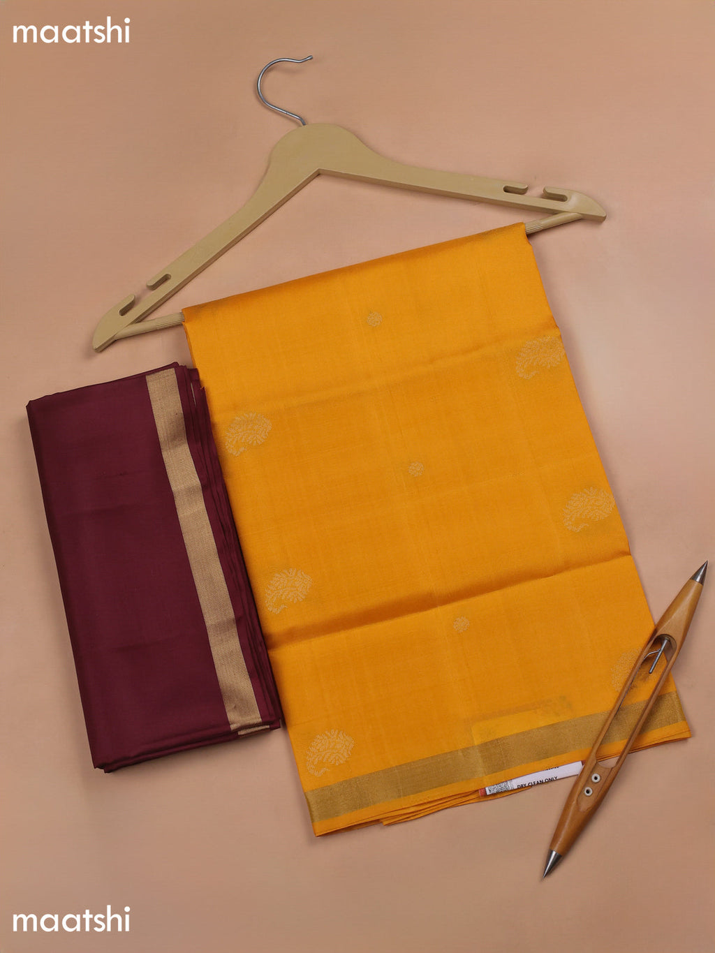 Mango Yellow and Deep Maroon Pure Silk Dress Material With Zari Butta