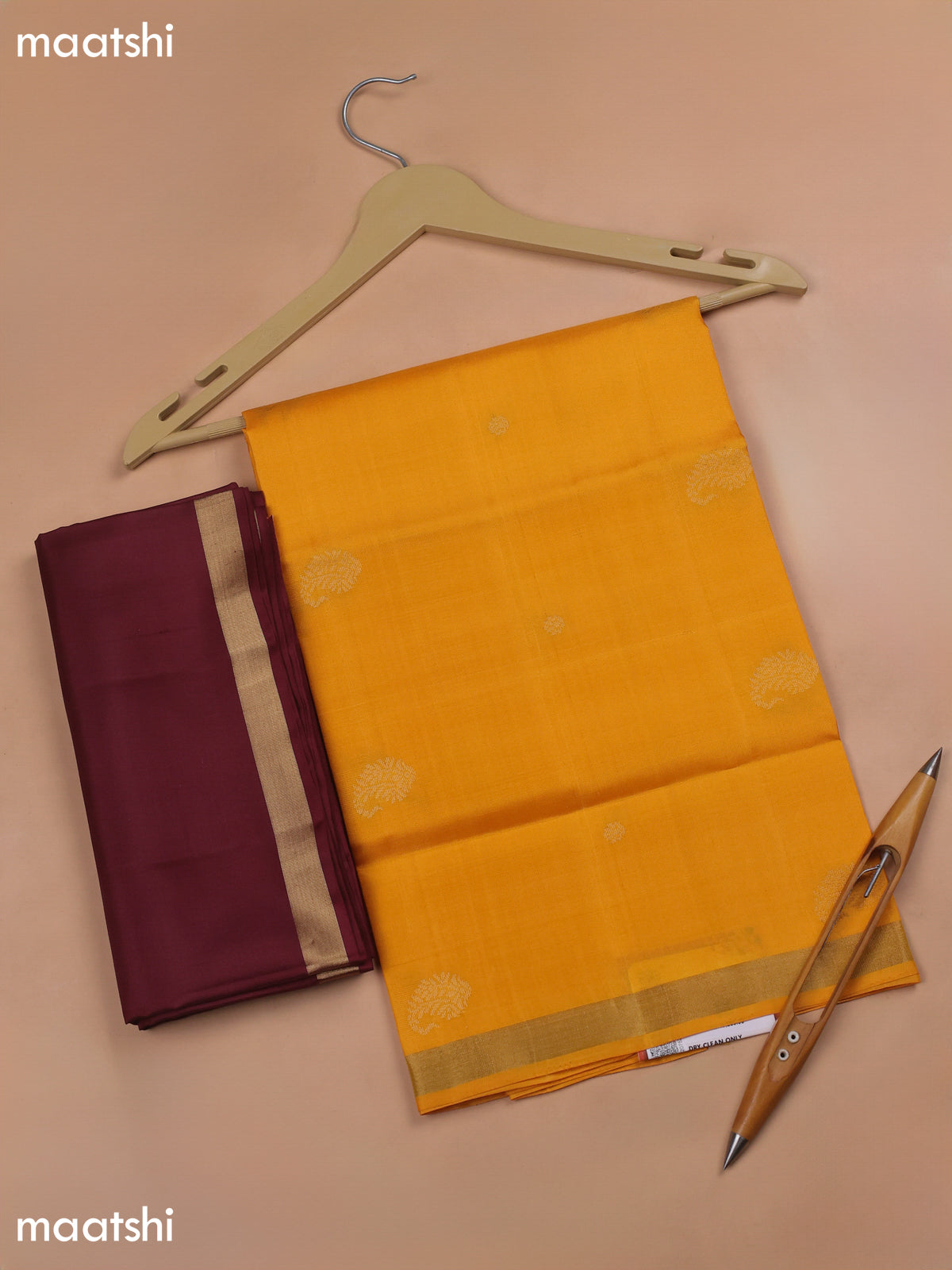Mango Yellow and Deep Maroon Pure Silk Dress Material With Zari Butta