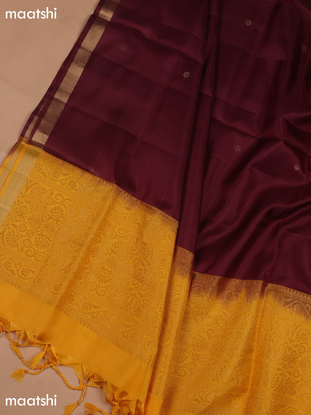 Mango Yellow and Deep Maroon Pure Silk Dress Material With Zari Butta
