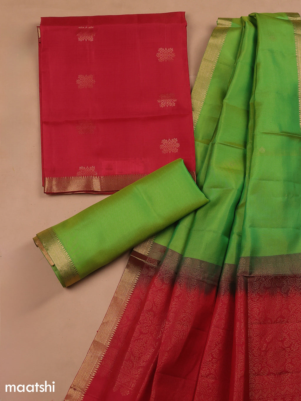 Red and Light Green Pure Silk Dress Material With Zari Butta