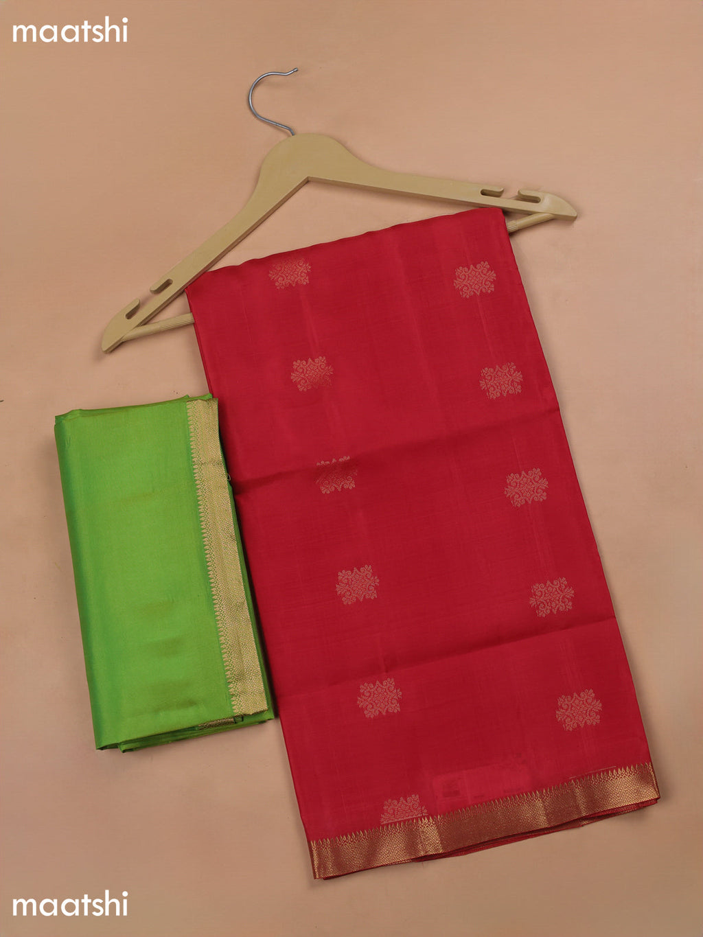 Red and Light Green Pure Silk Dress Material With Zari Butta