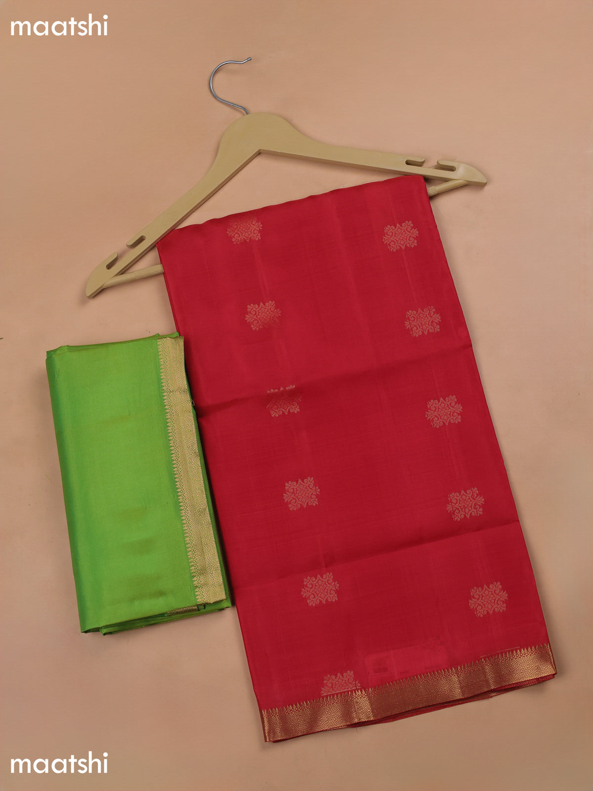 Red and Light Green Pure Silk Dress Material With Zari Butta
