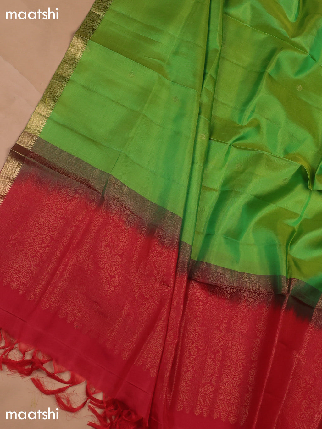 Red and Light Green Pure Silk Dress Material With Zari Butta