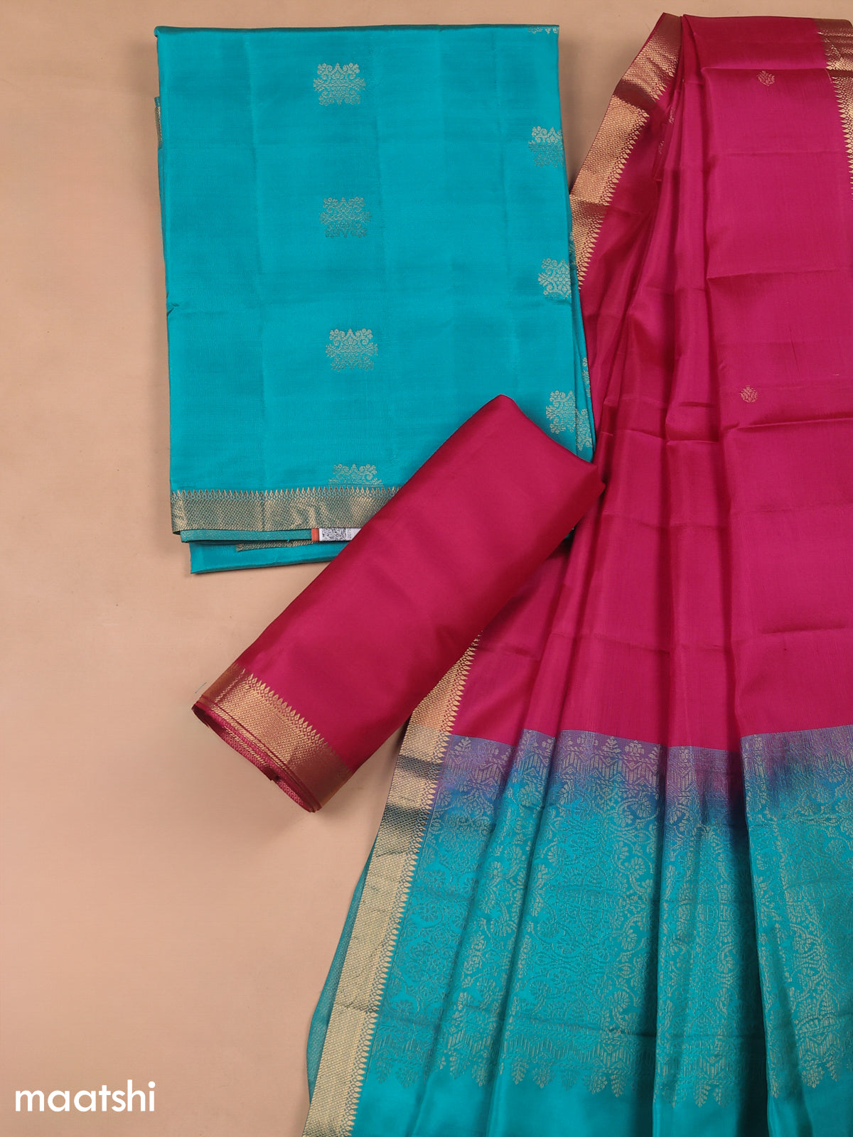 Teal Green and Magenta Pink Pure Silk Dress Material With Zari Butta