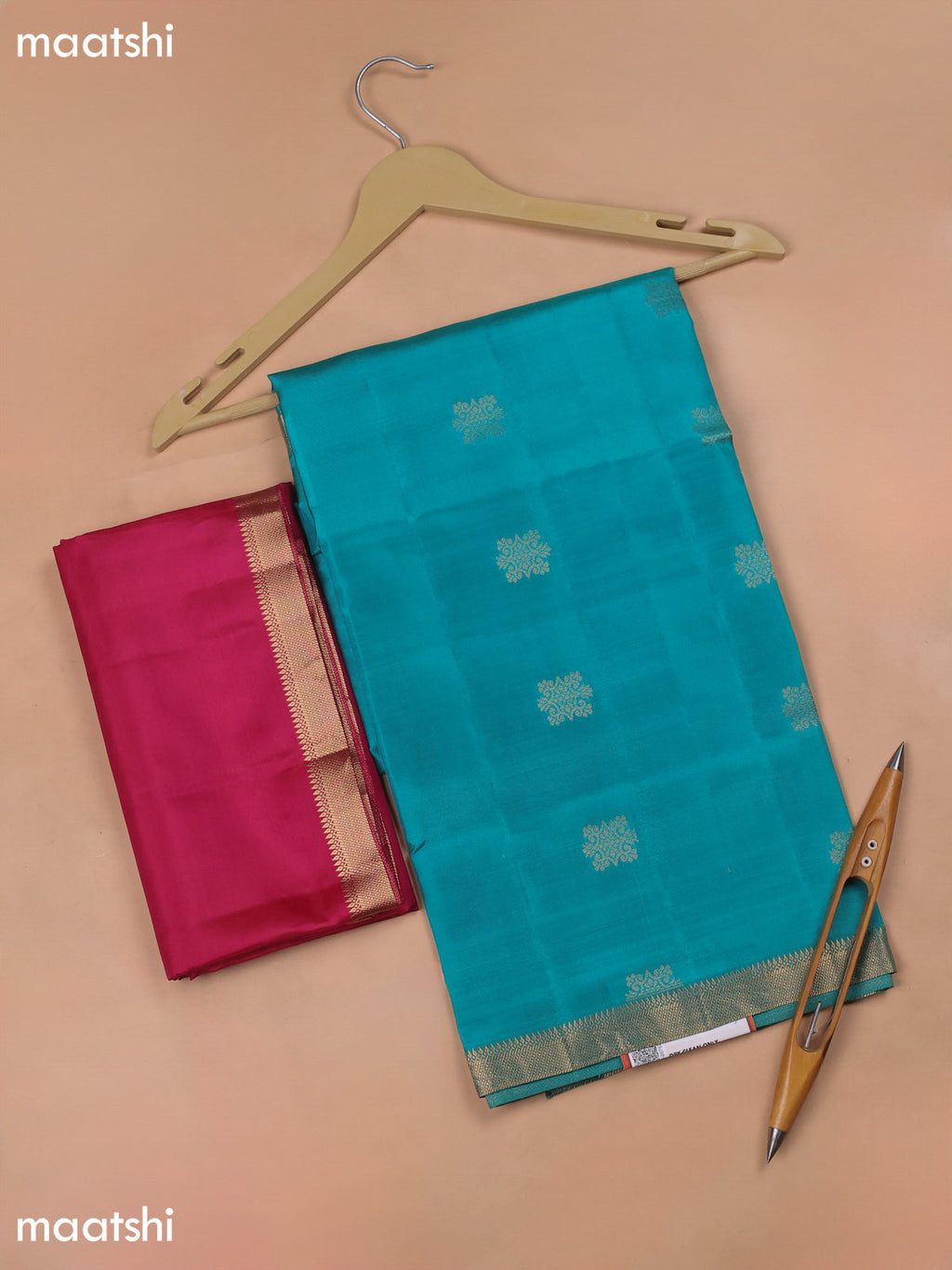 Teal Green and Magenta Pink Pure Silk Dress Material With Zari Butta