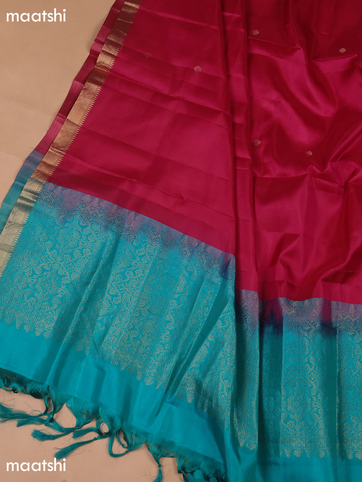 Teal Green and Magenta Pink Pure Silk Dress Material With Zari Butta