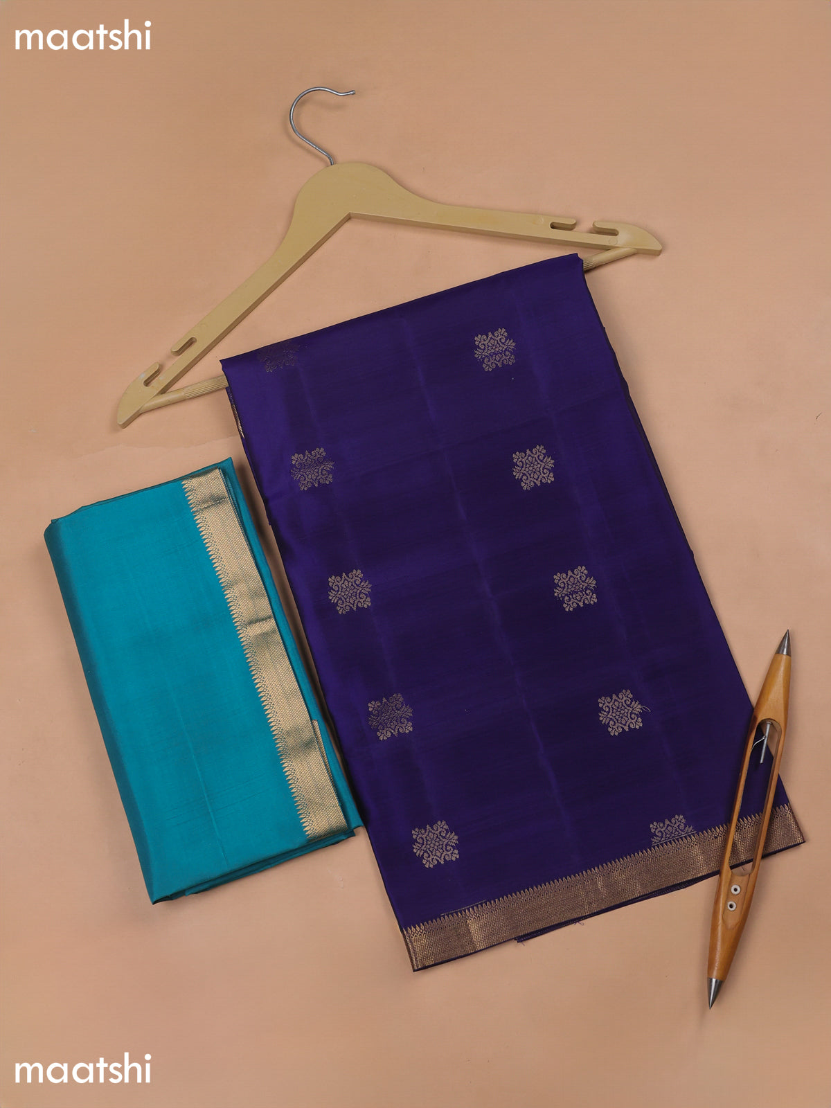 Blue and Teal Green Pure Silk Dress Material With Zari Butta