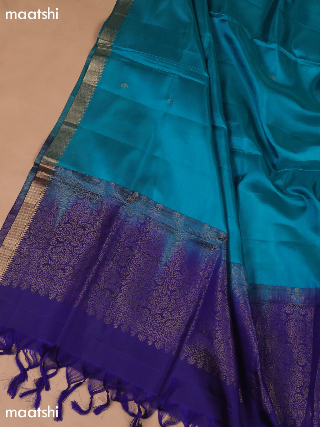 Blue and Teal Green Pure Silk Dress Material With Zari Butta