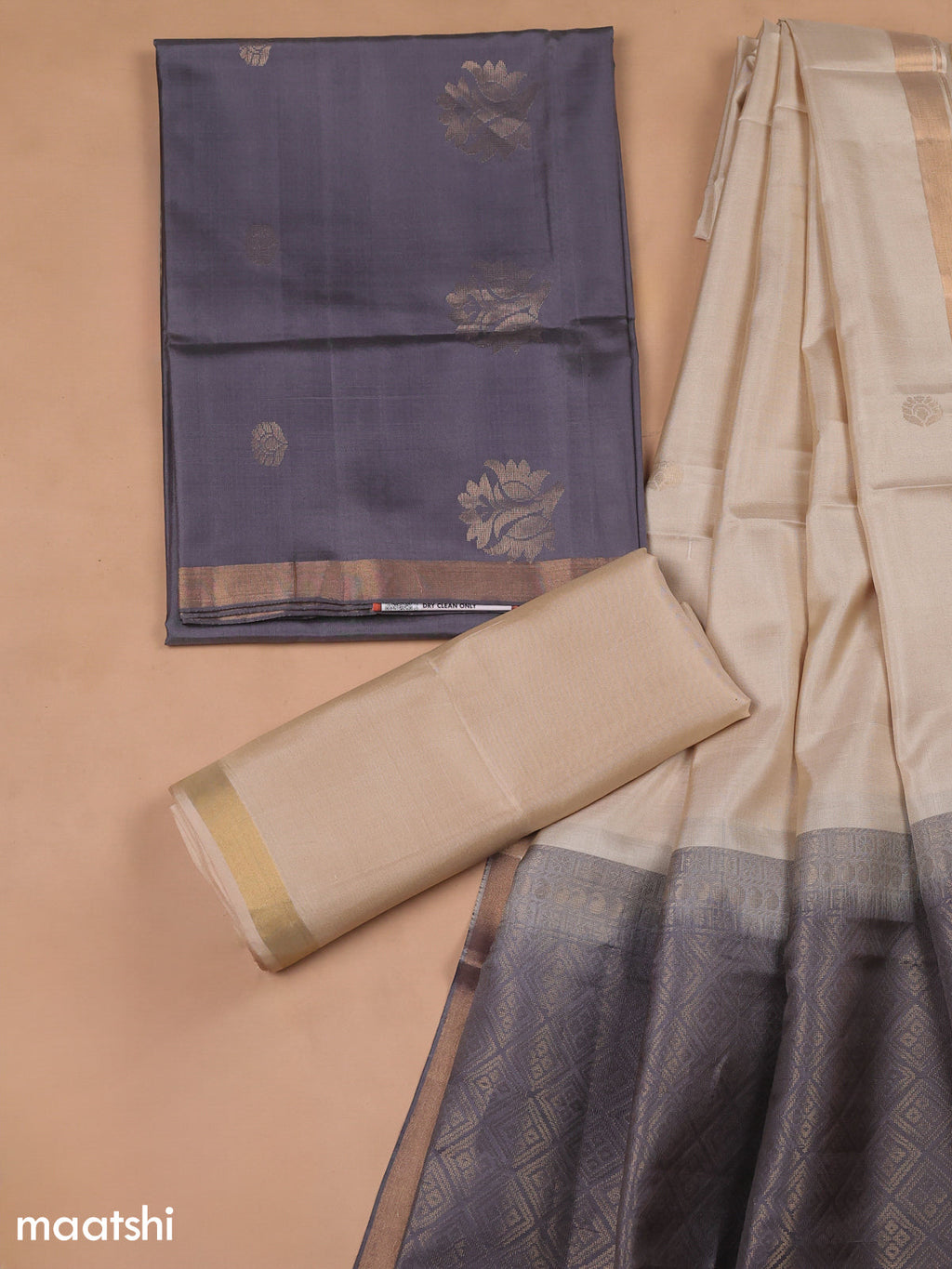 Grey and Cream Pure Silk Dress Material With Zari Butta