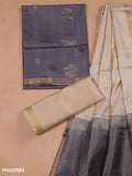 Grey and Cream Pure Silk Dress Material With Zari Butta