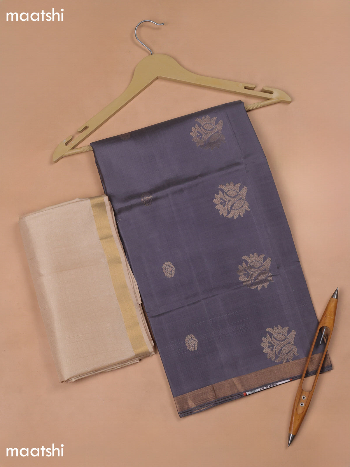 Grey and Cream Pure Silk Dress Material With Zari Butta