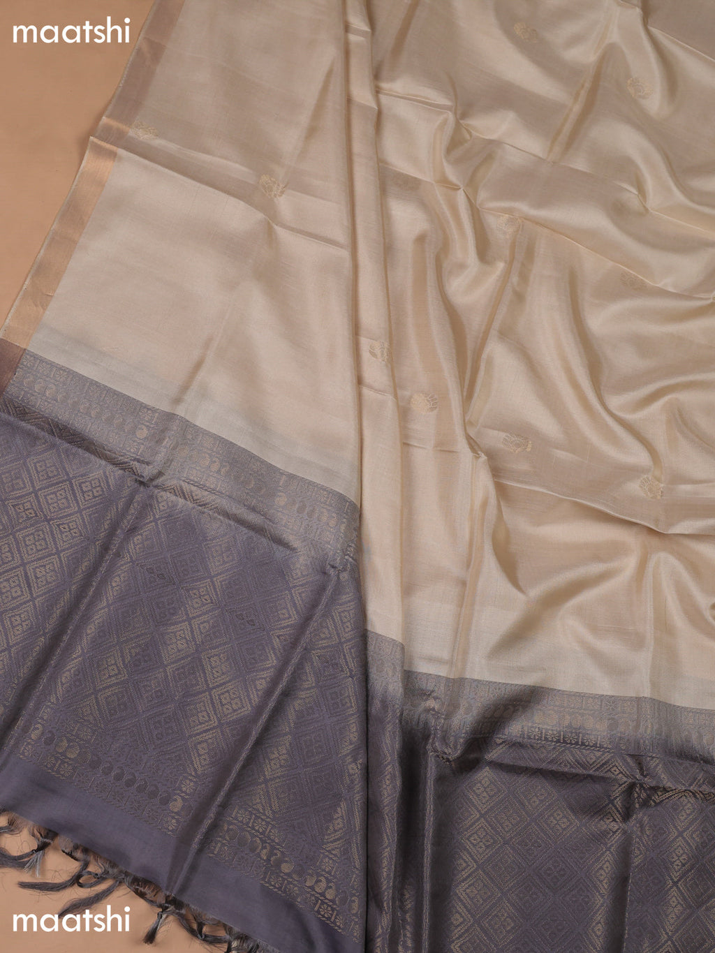 Grey and Cream Pure Silk Dress Material With Zari Butta
