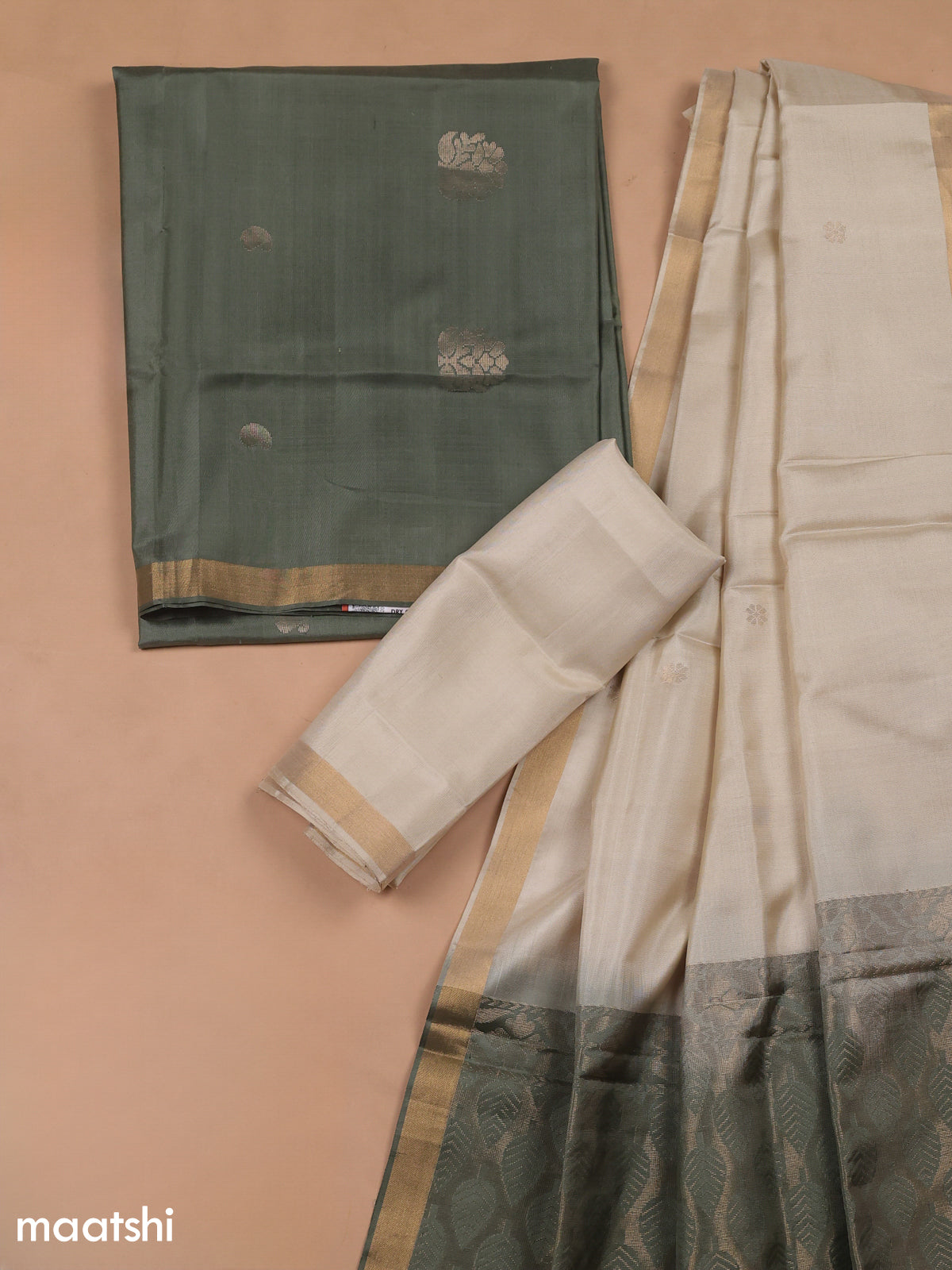 Dark Grey and Cream Pure Silk Dress Material With Zari Butta