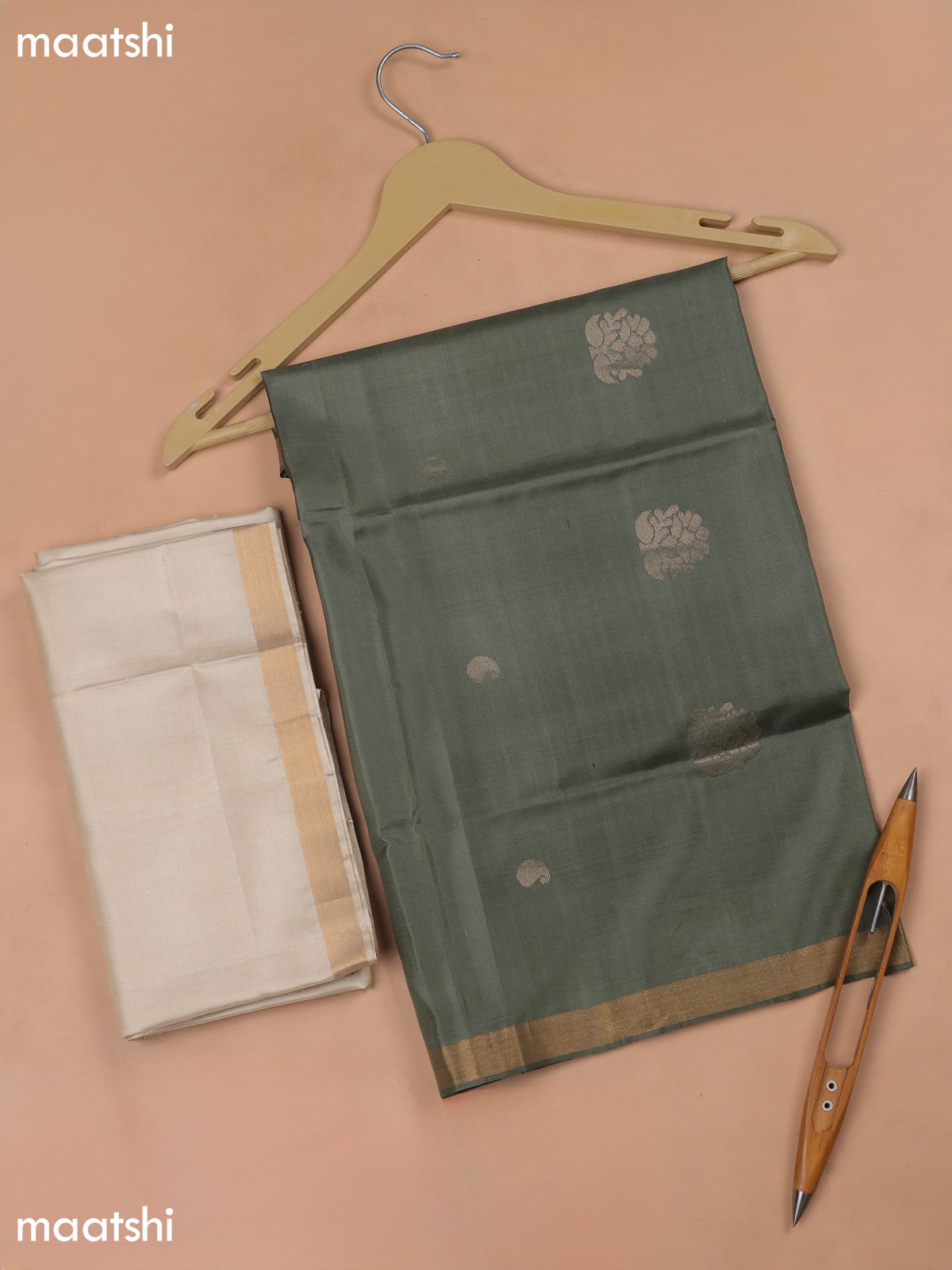 Dark Grey and Cream Pure Silk Dress Material With Zari Butta