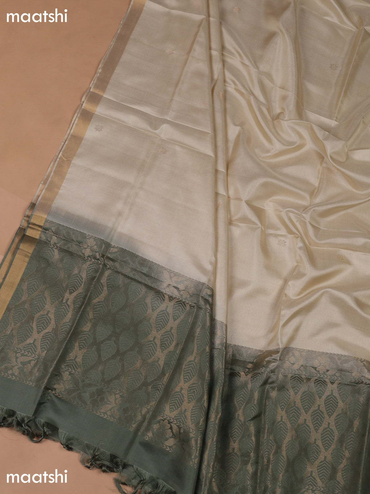 Dark Grey and Cream Pure Silk Dress Material With Zari Butta