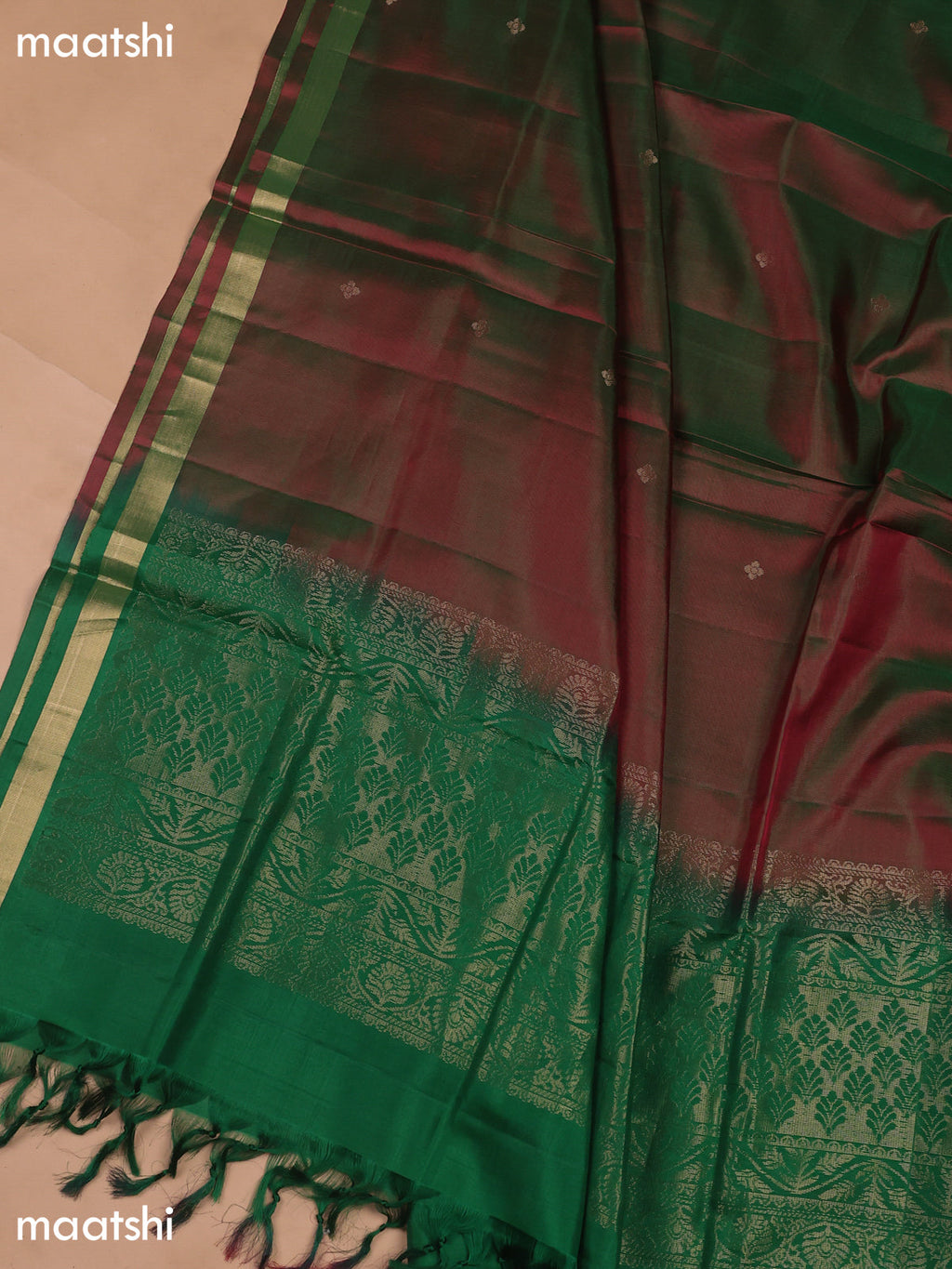 Green and Dual Shade Of Green Pure Silk Dress Material With Zari Butta