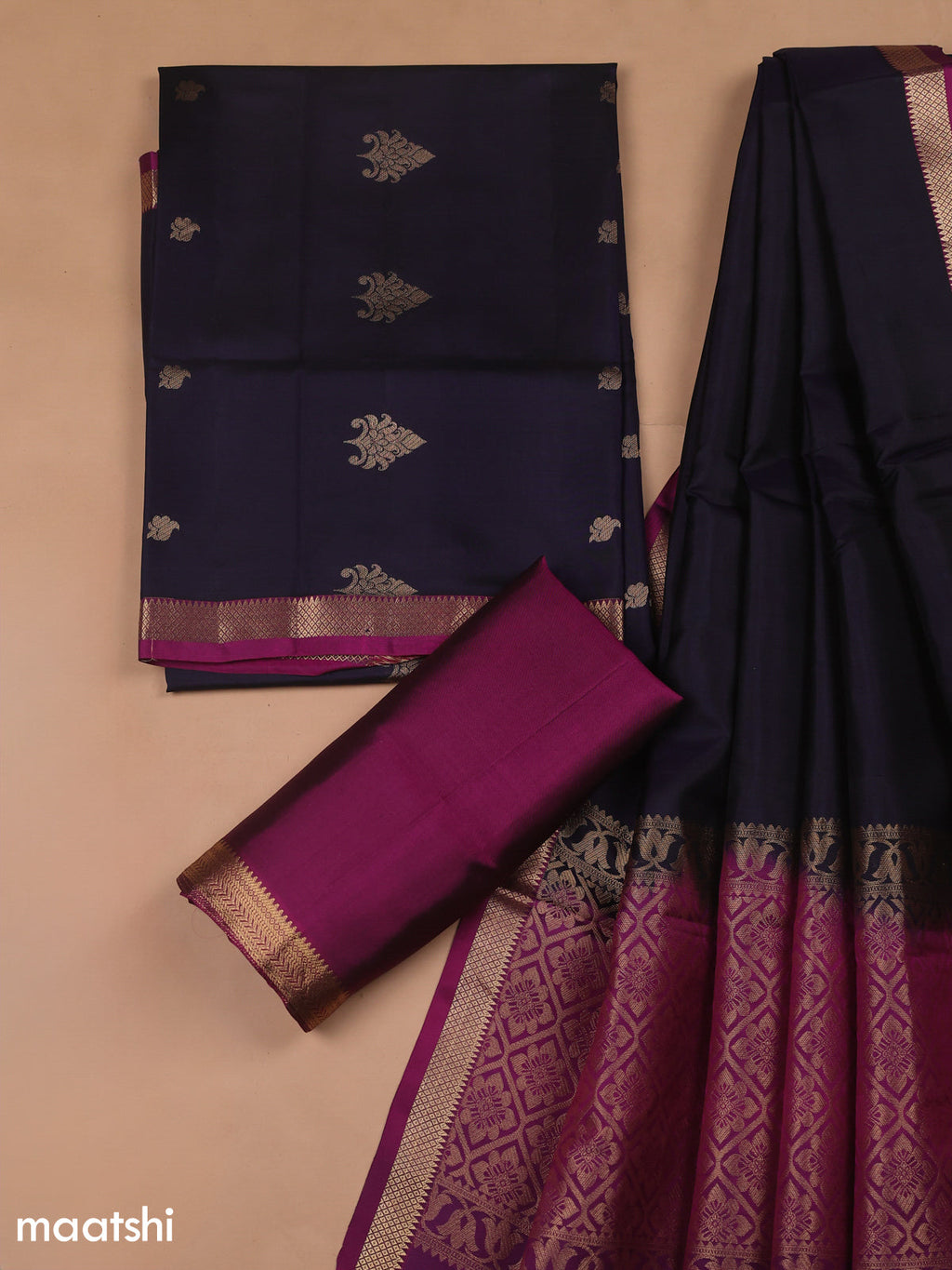 Deep Violet and Purple Pure Silk Dress Material With Zari Butta