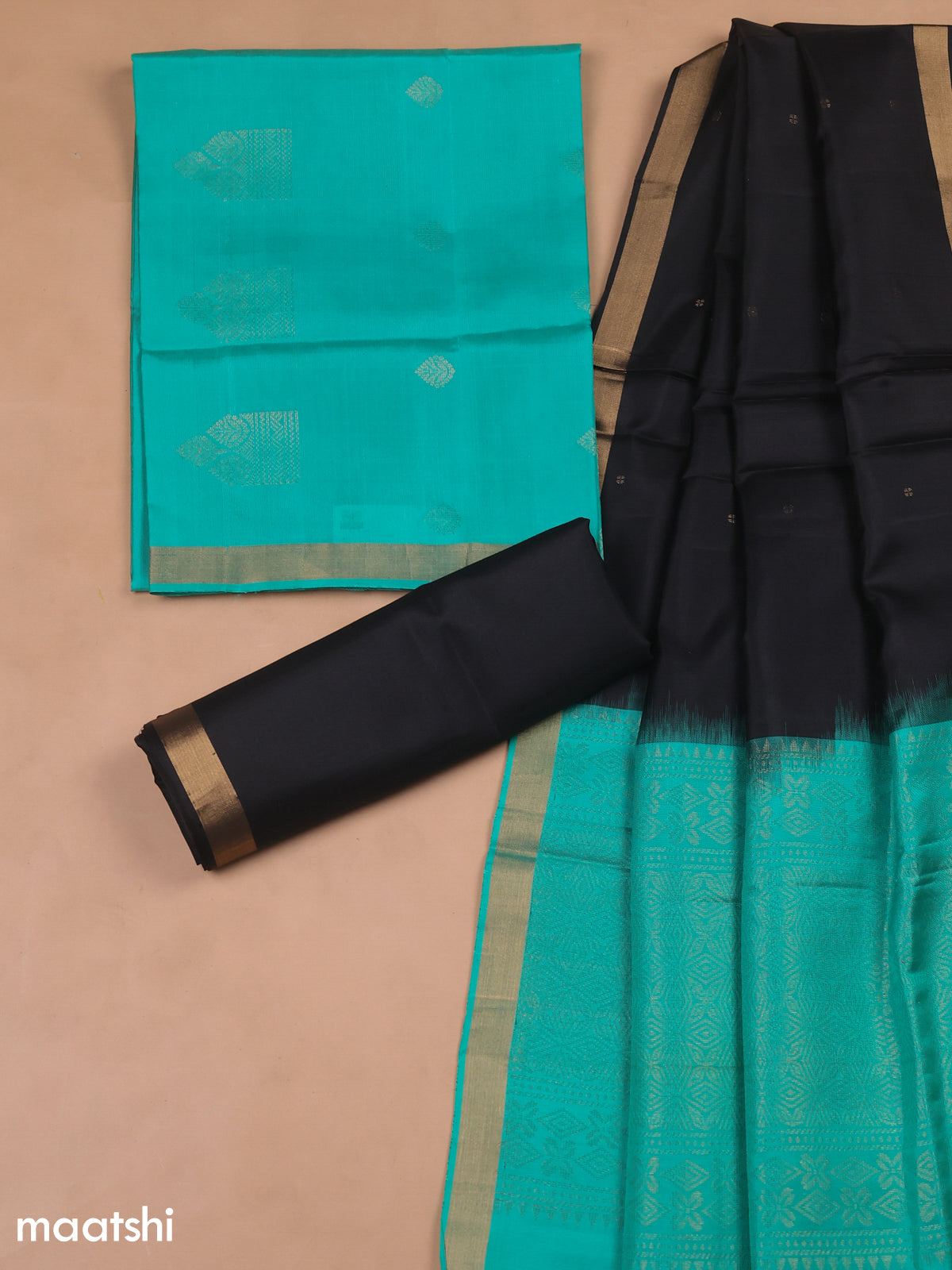 Teal Green and Black Pure Silk Dress Material With Zari Butta
