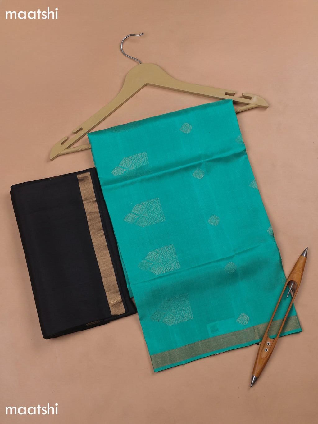 Teal Green and Black Pure Silk Dress Material With Zari Butta