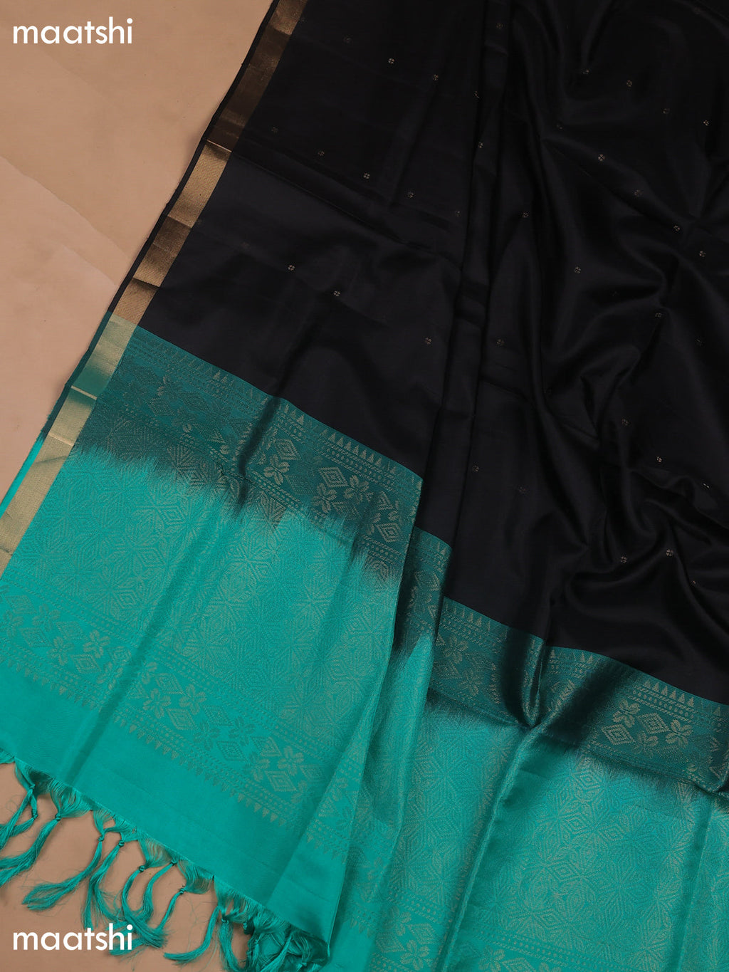Teal Green and Black Pure Silk Dress Material With Zari Butta