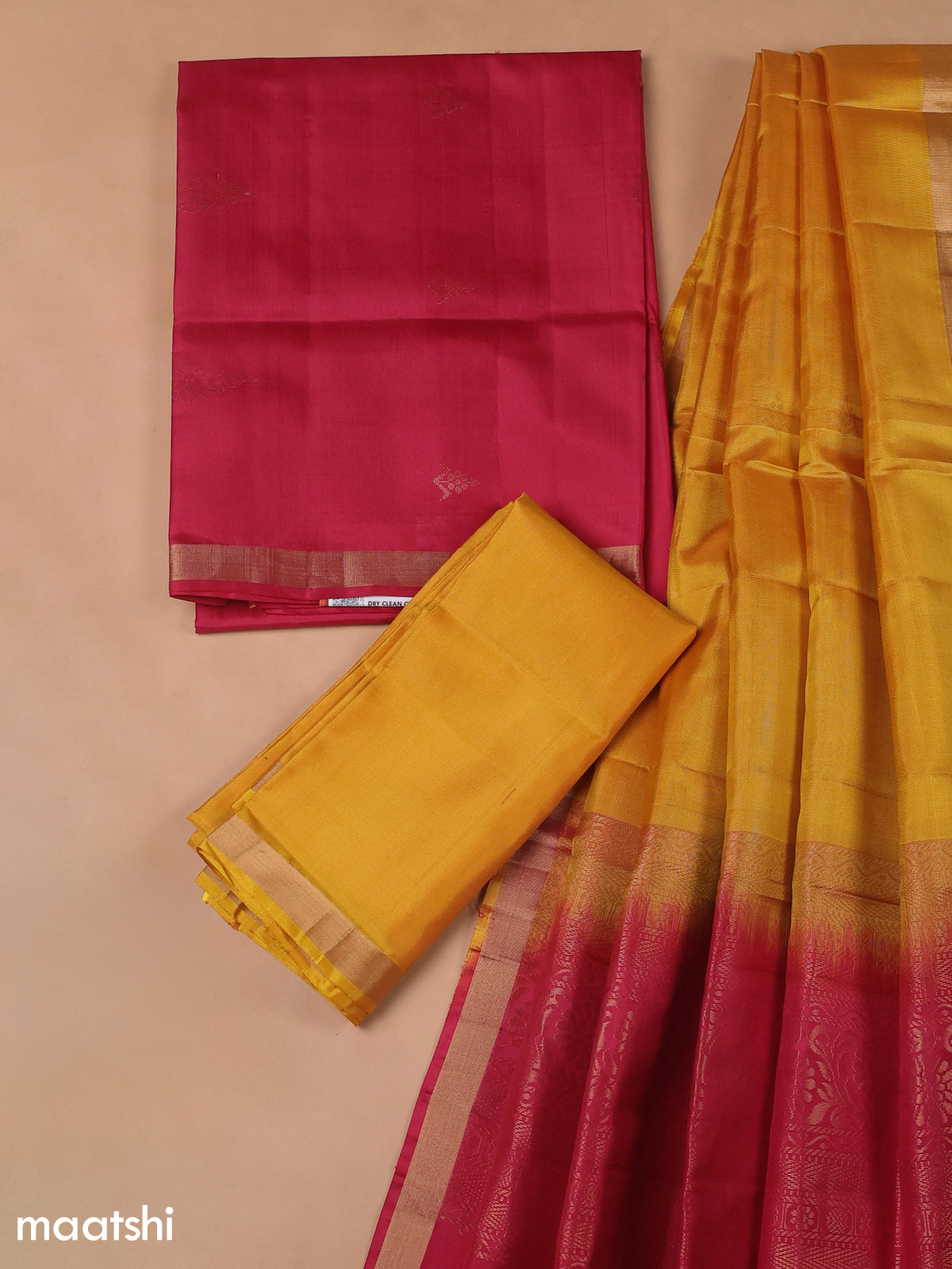 Dual Shade Of Pinkish Red and Mustard Yellow Pure Silk Dress Material With Zari Butta