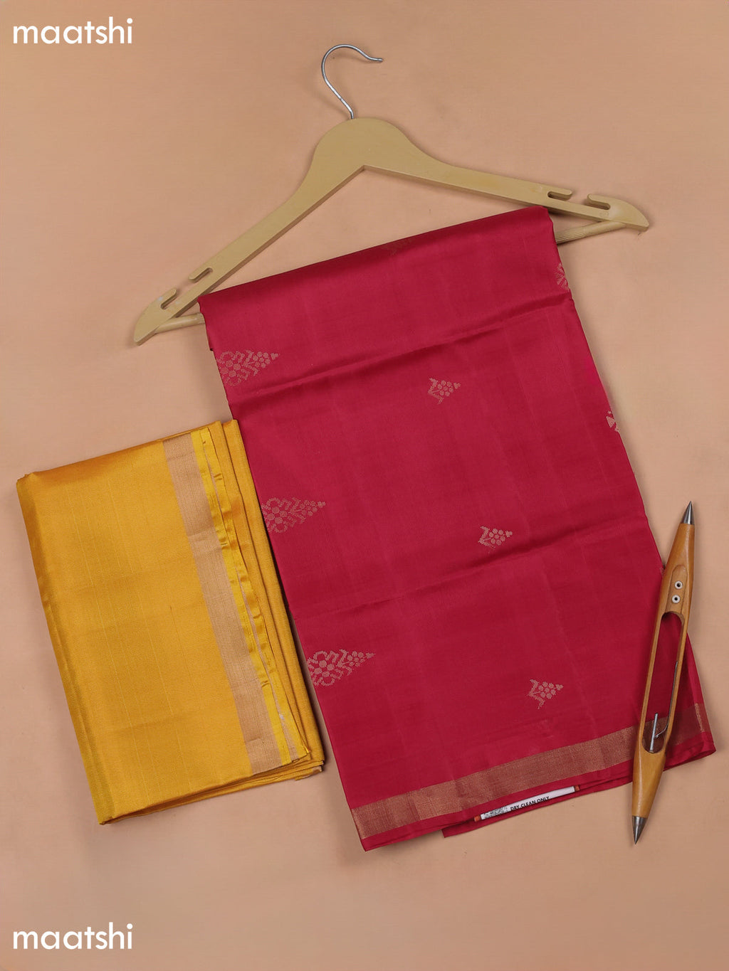 Dual Shade Of Pinkish Red and Mustard Yellow Pure Silk Dress Material With Zari Butta