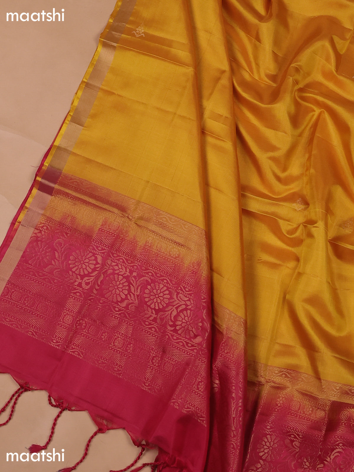 Dual Shade Of Pinkish Red and Mustard Yellow Pure Silk Dress Material With Zari Butta