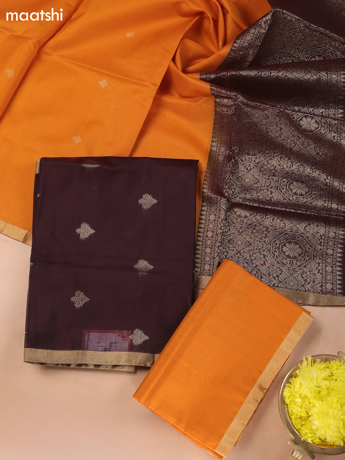 Deep Coffee Brown and Dual Shade Of Yellow Kora Silk Cotton Dress Material With Zari Buttas