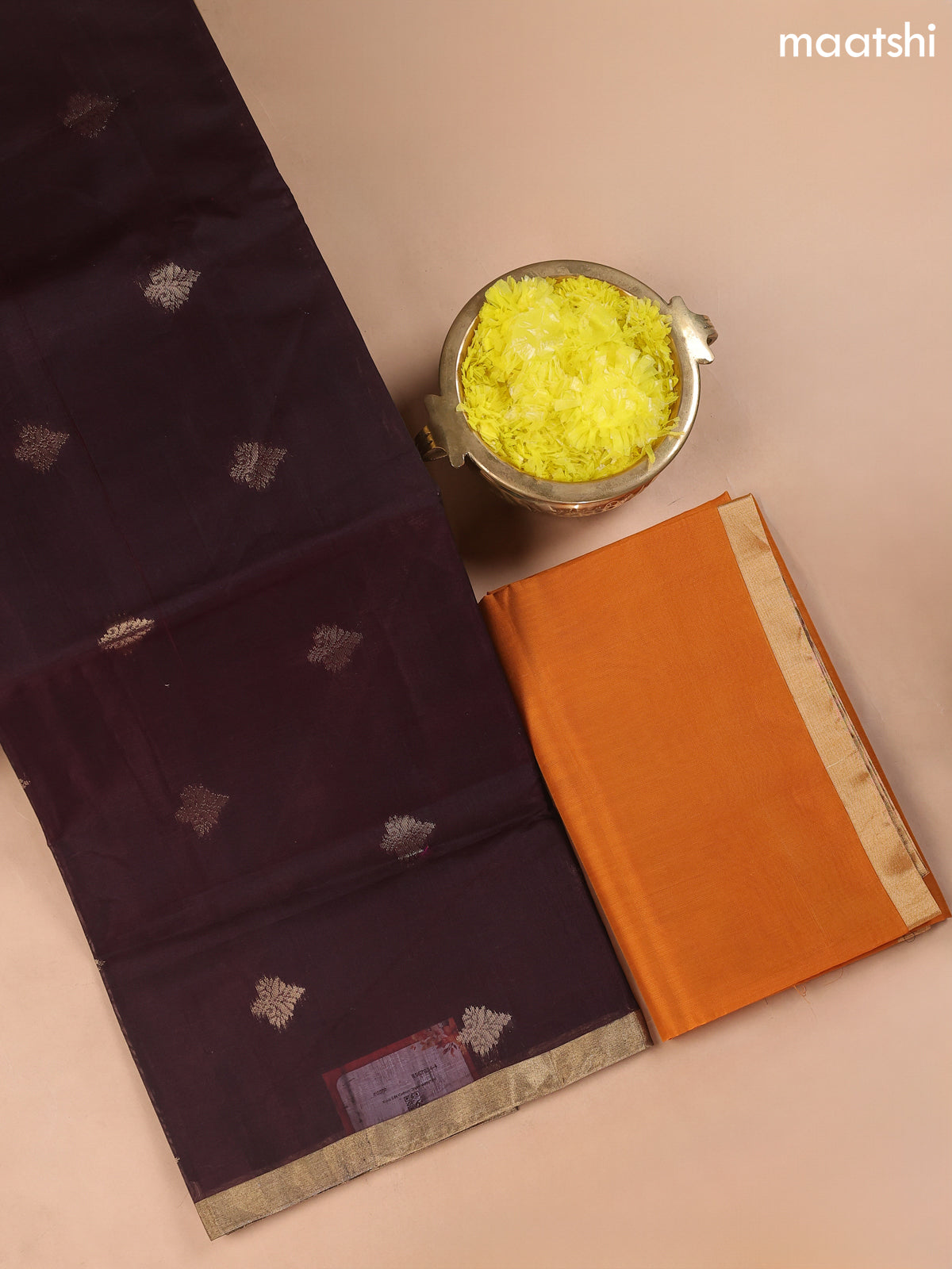Deep Coffee Brown and Dual Shade Of Yellow Kora Silk Cotton Dress Material With Zari Buttas