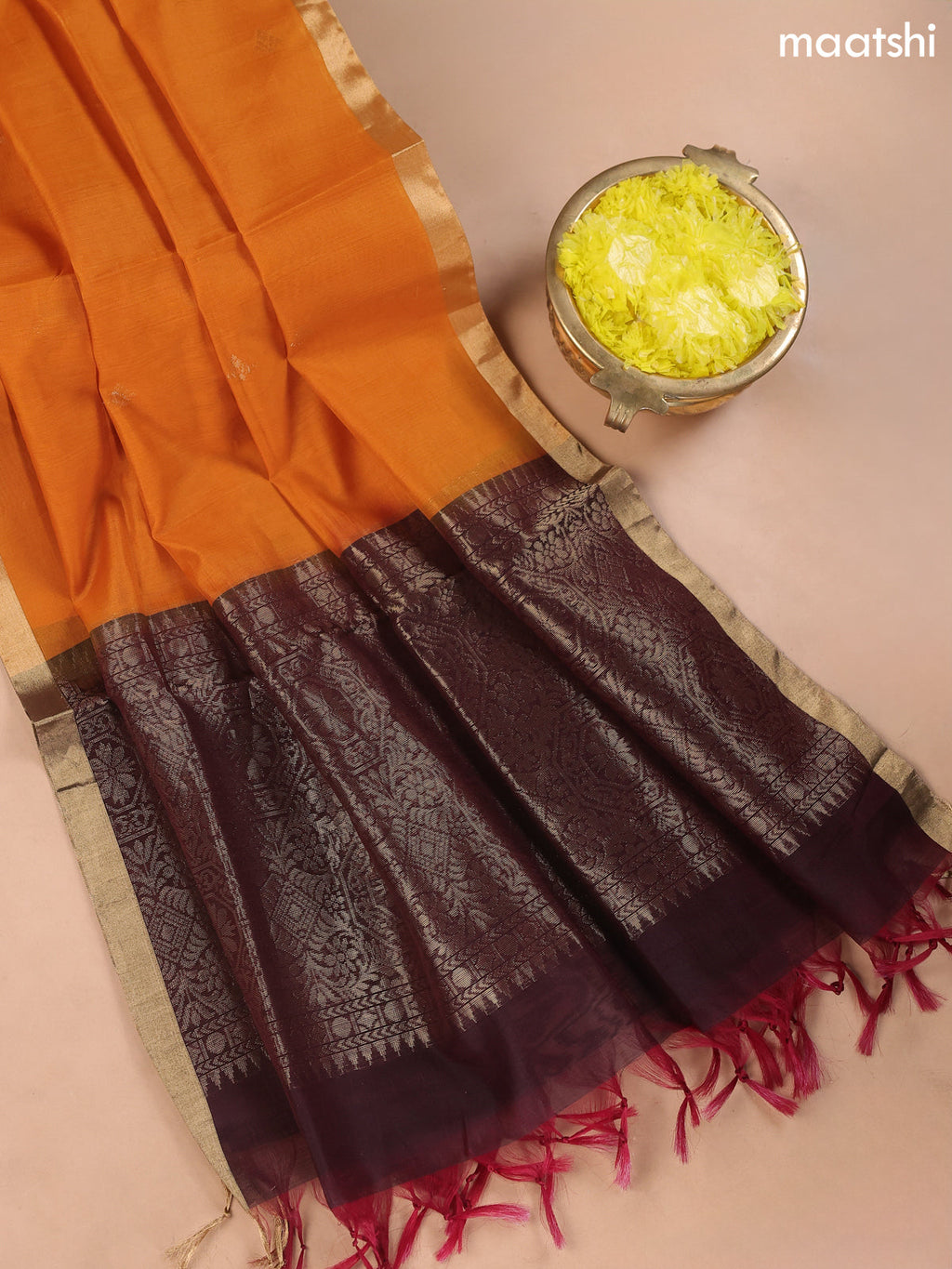 Deep Coffee Brown and Dual Shade Of Yellow Kora Silk Cotton Dress Material With Zari Buttas