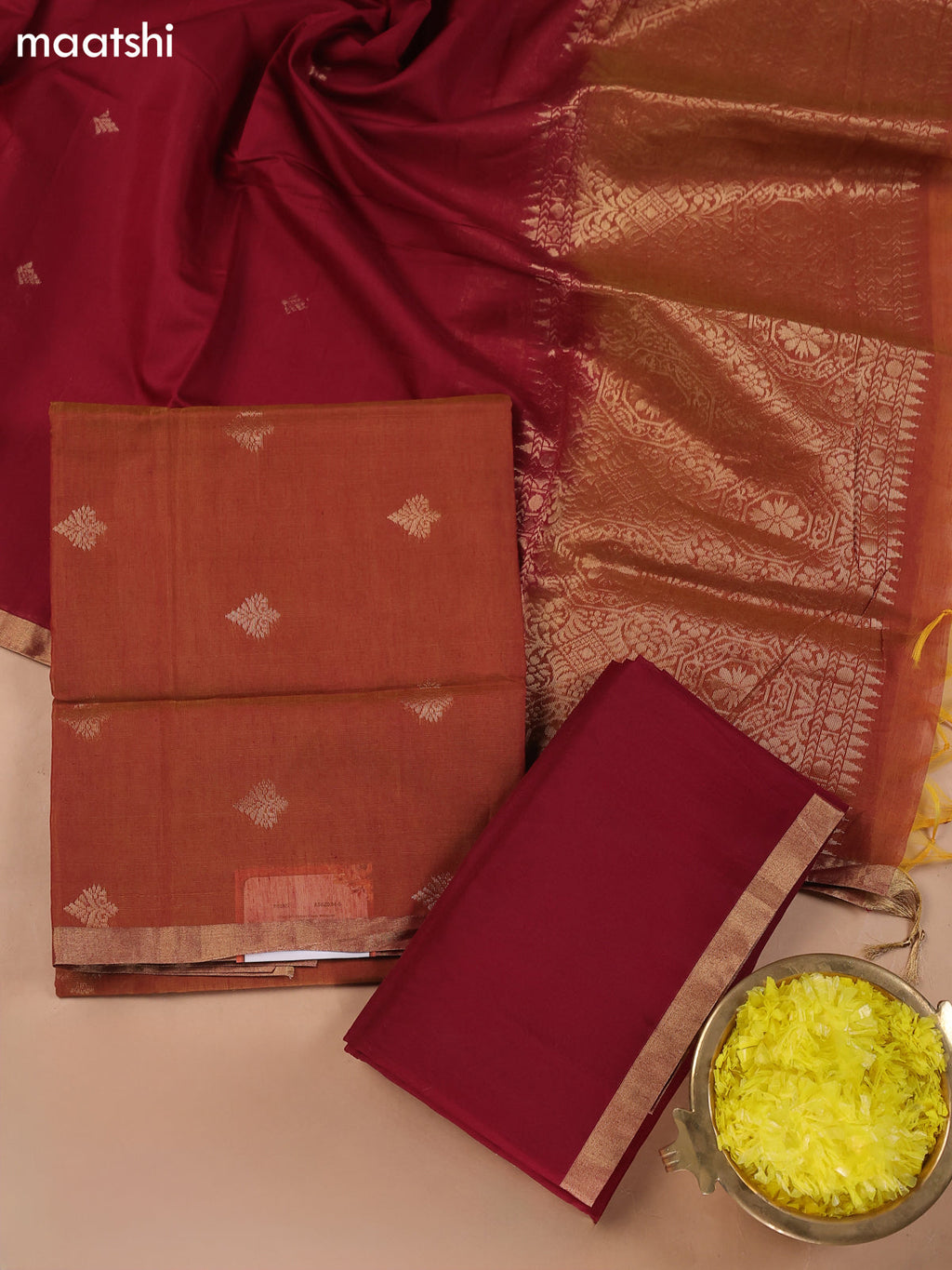 Dual Shade Of Orange and Kumkum Red Kora Silk Cotton Dress Material With Zari Buttas