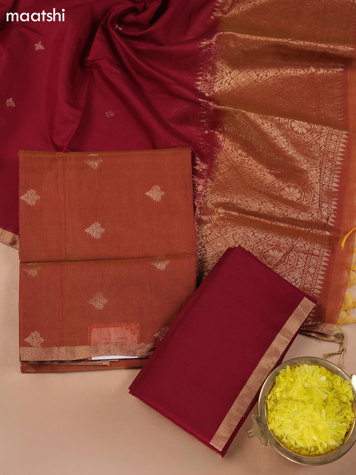 Dual Shade Of Orange and Kumkum Red Kora Silk Cotton Dress Material With Zari Buttas