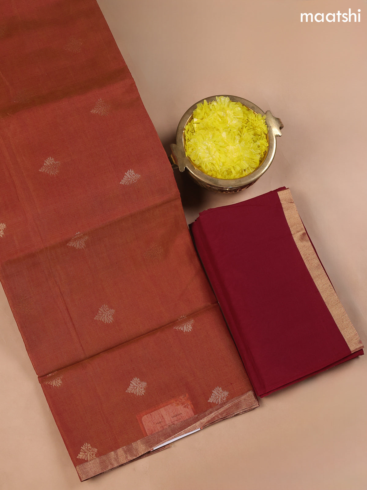 Dual Shade Of Orange and Kumkum Red Kora Silk Cotton Dress Material With Zari Buttas