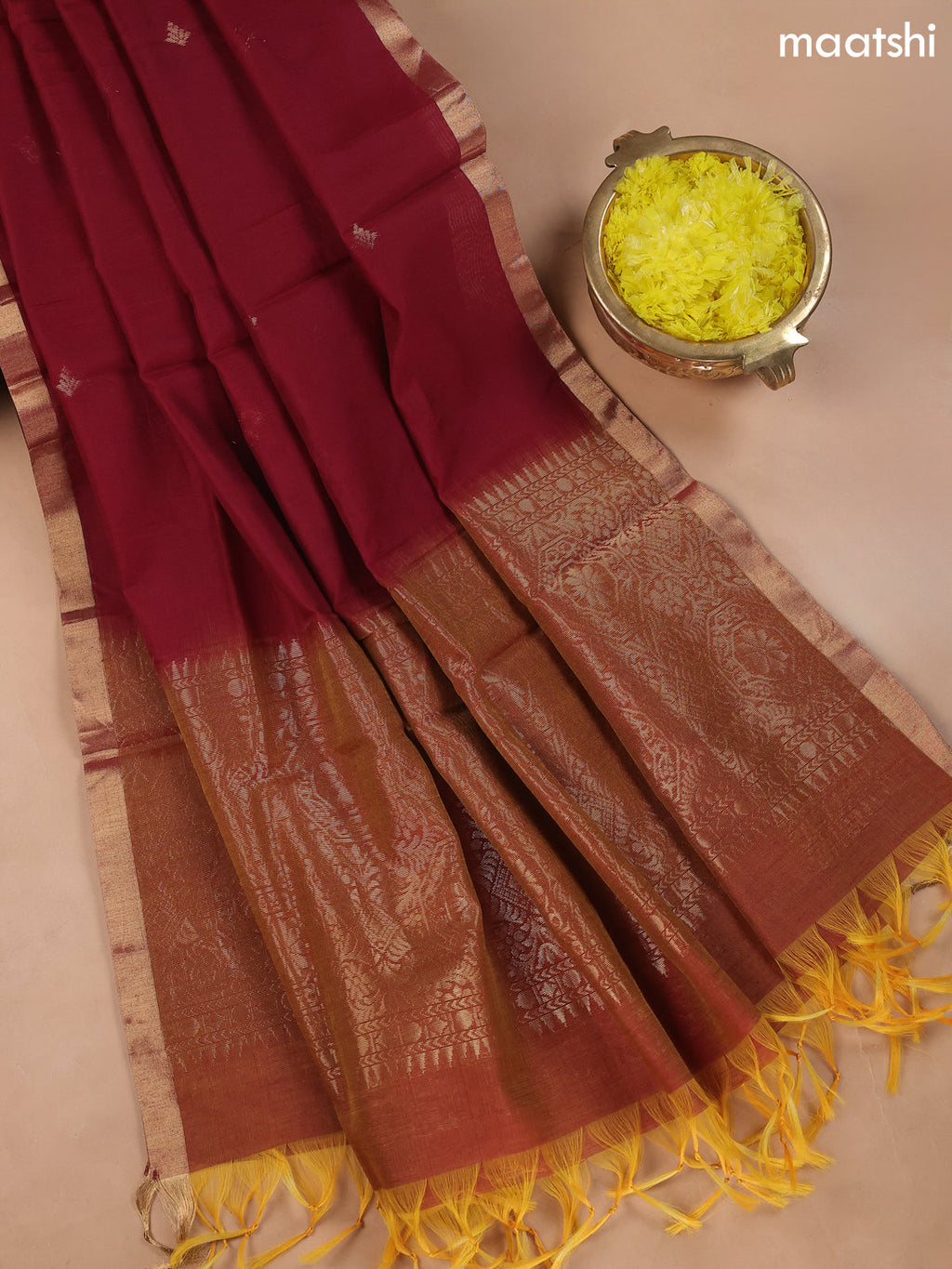 Dual Shade Of Orange and Kumkum Red Kora Silk Cotton Dress Material With Zari Buttas
