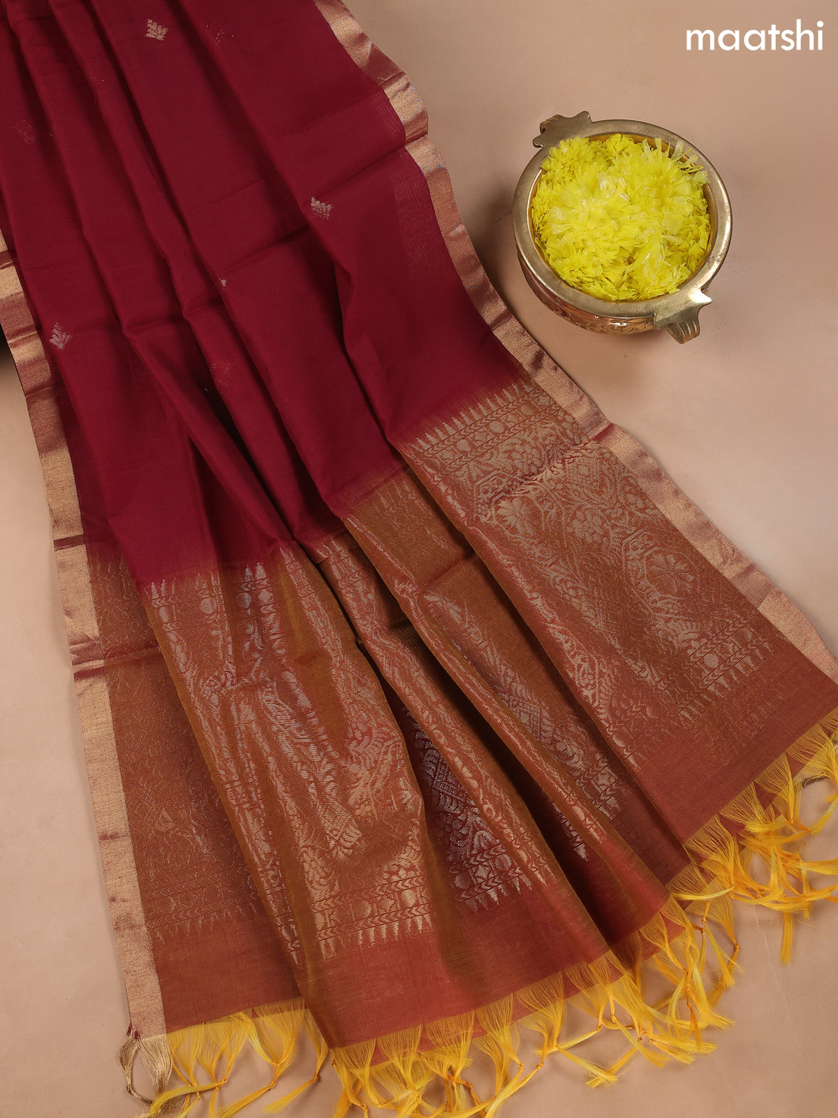 Dual Shade Of Orange and Kumkum Red Kora Silk Cotton Dress Material With Zari Buttas
