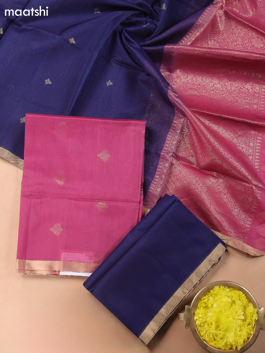 Magenta Pink and Dark Blue Kora Silk Cotton Dress Material With Zari Buttas