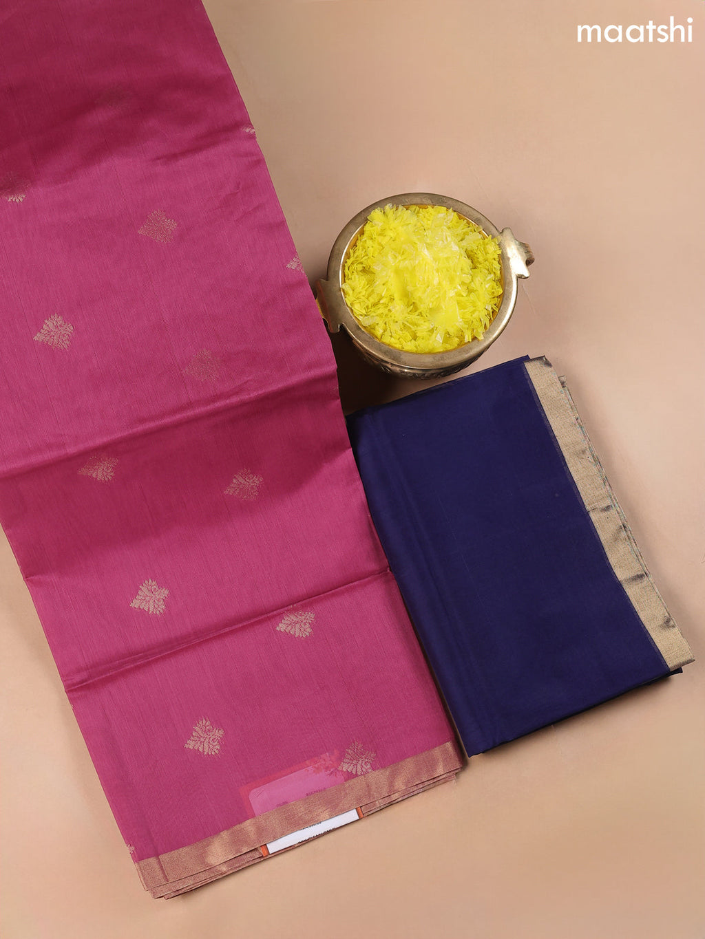 Magenta Pink and Dark Blue Kora Silk Cotton Dress Material With Zari Buttas