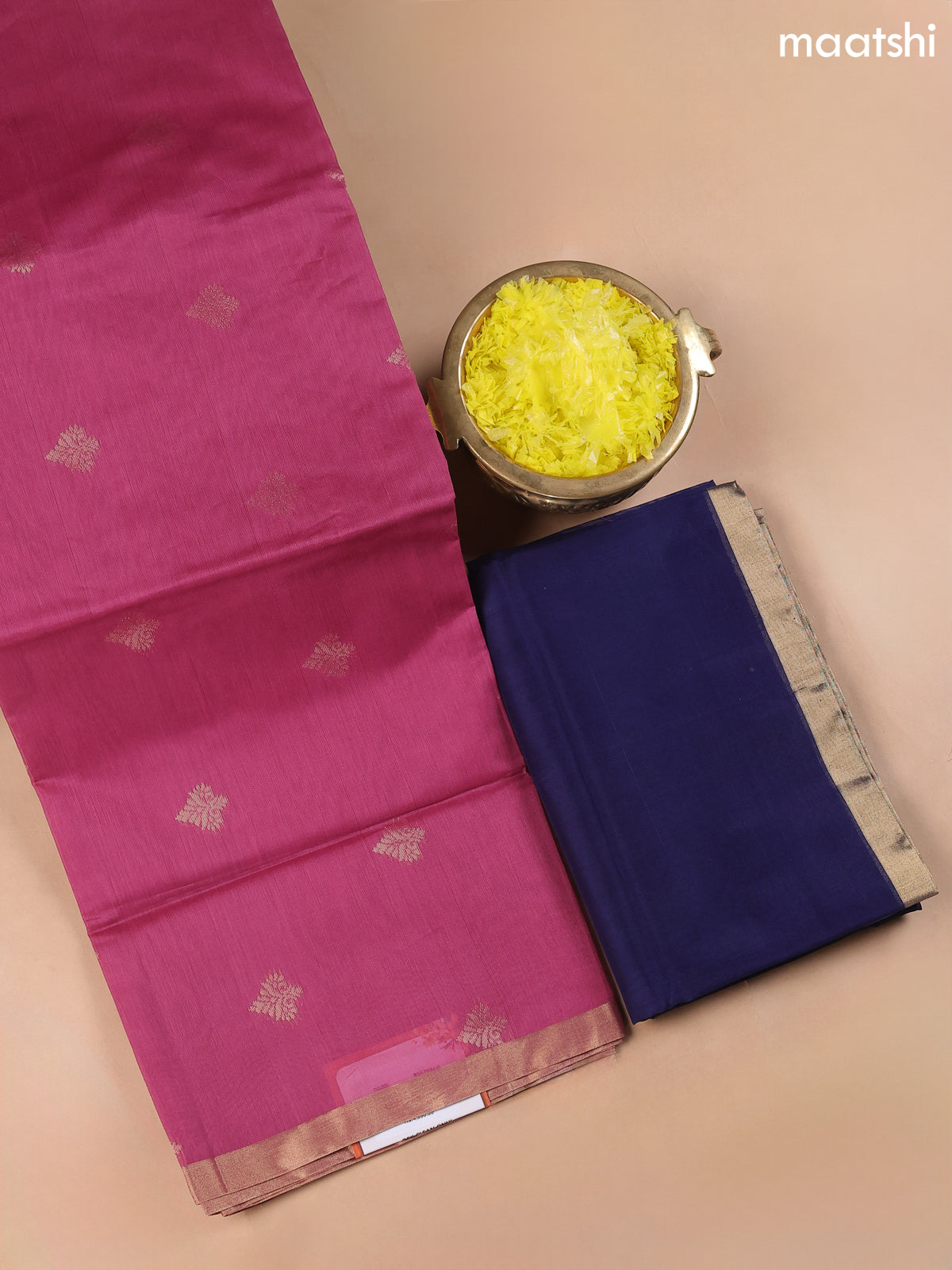 Magenta Pink and Dark Blue Kora Silk Cotton Dress Material With Zari Buttas
