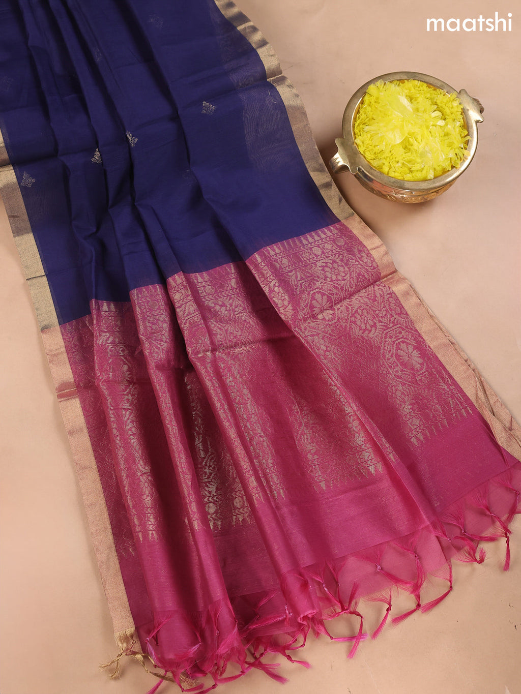 Magenta Pink and Dark Blue Kora Silk Cotton Dress Material With Zari Buttas