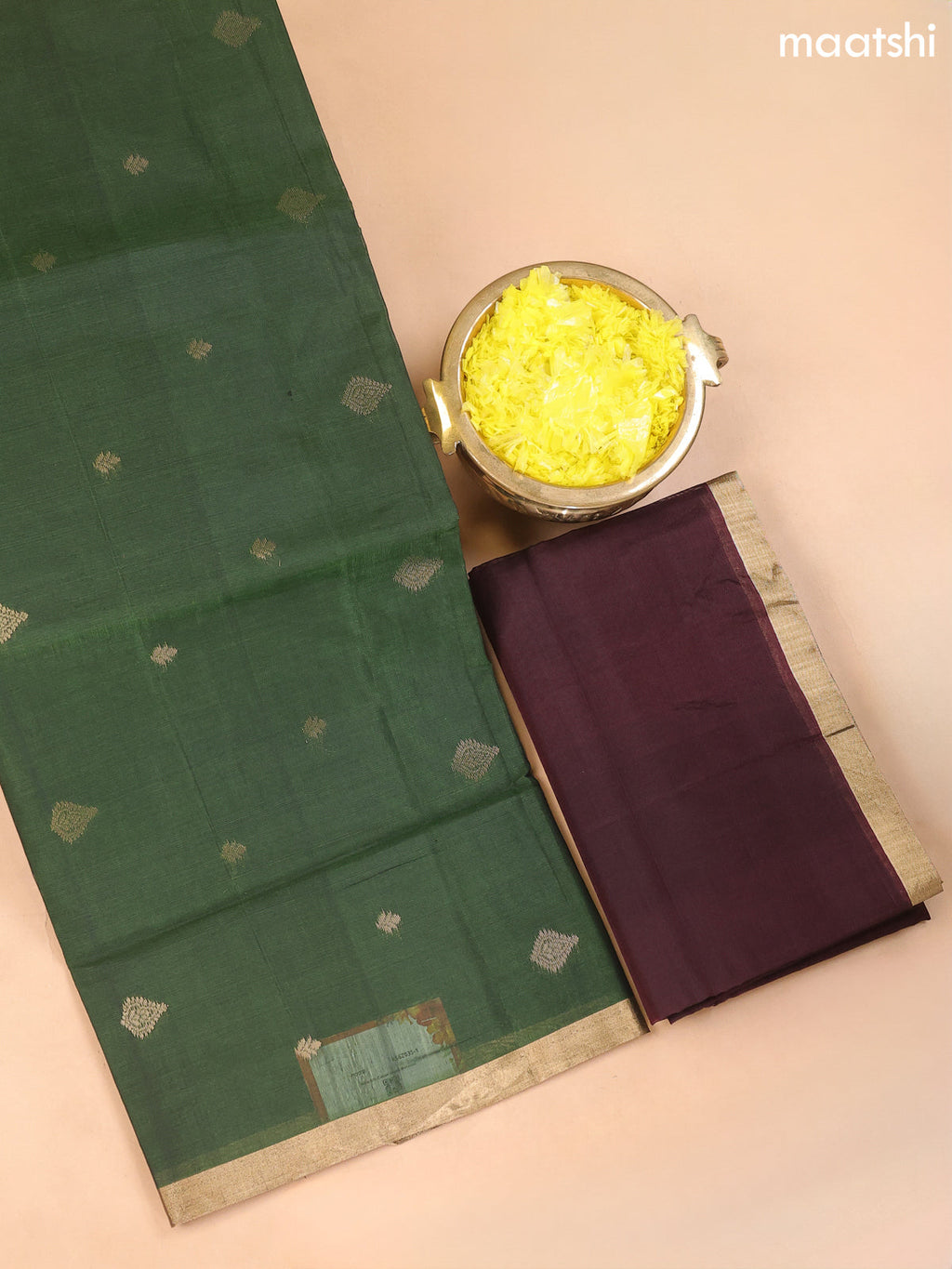 Sap Green and Deep Coffee Brown Kora Silk Cotton Dress Material With Zari Buttas
