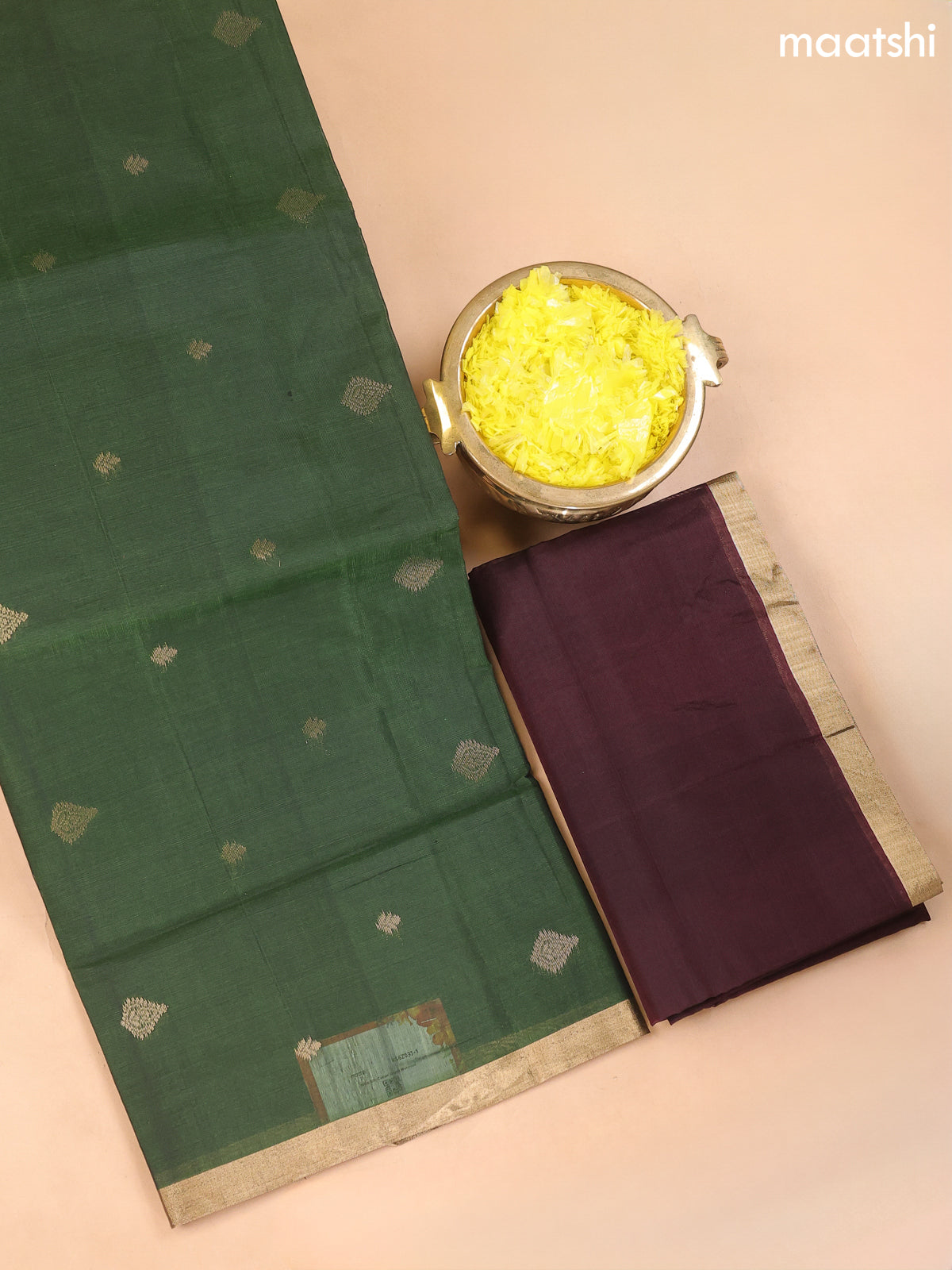 Sap Green and Deep Coffee Brown Kora Silk Cotton Dress Material With Zari Buttas