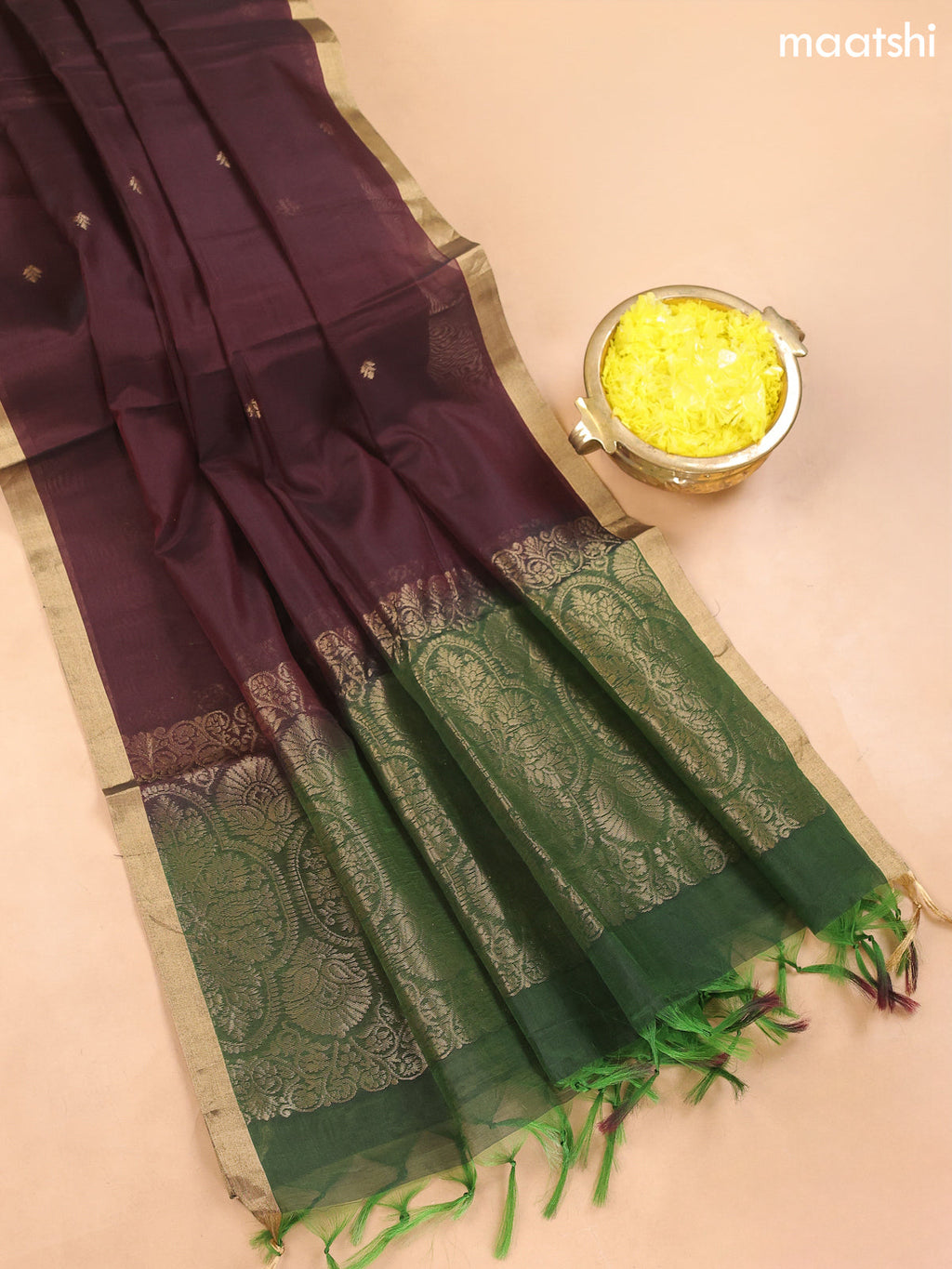 Sap Green and Deep Coffee Brown Kora Silk Cotton Dress Material With Zari Buttas