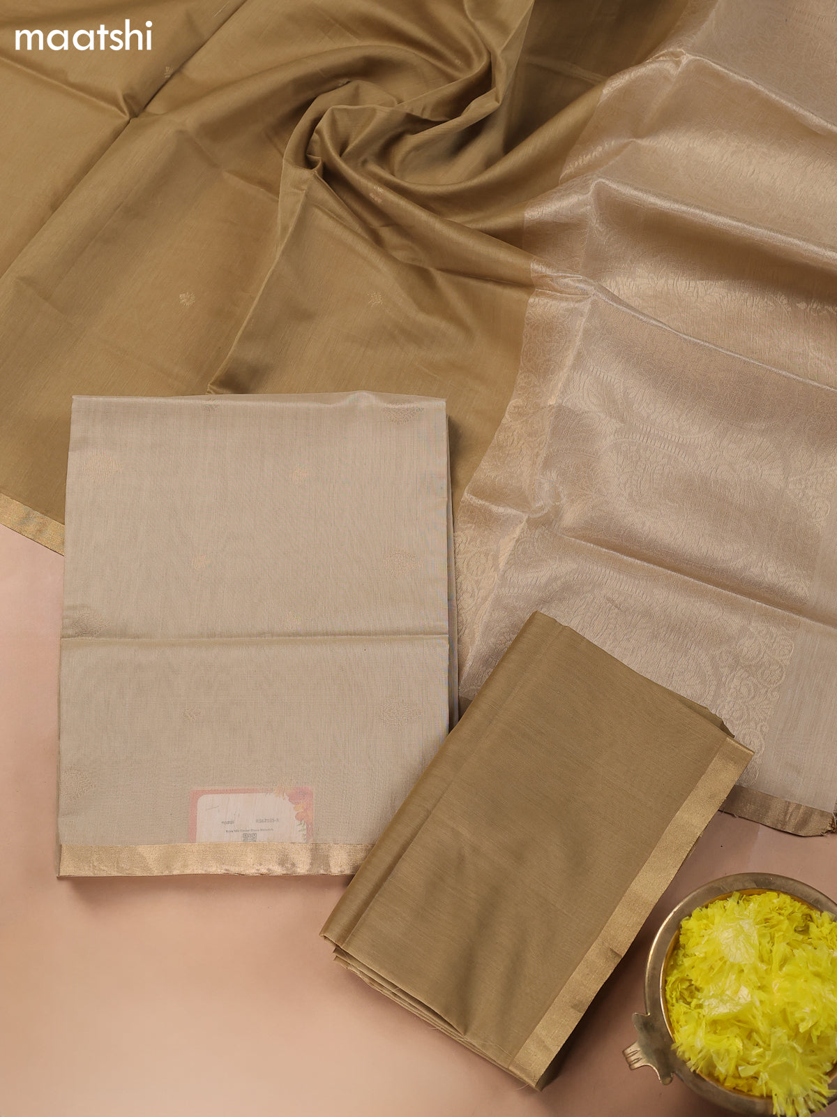 Beige Kora Silk Cotton Dress Material With Zari Buttas
